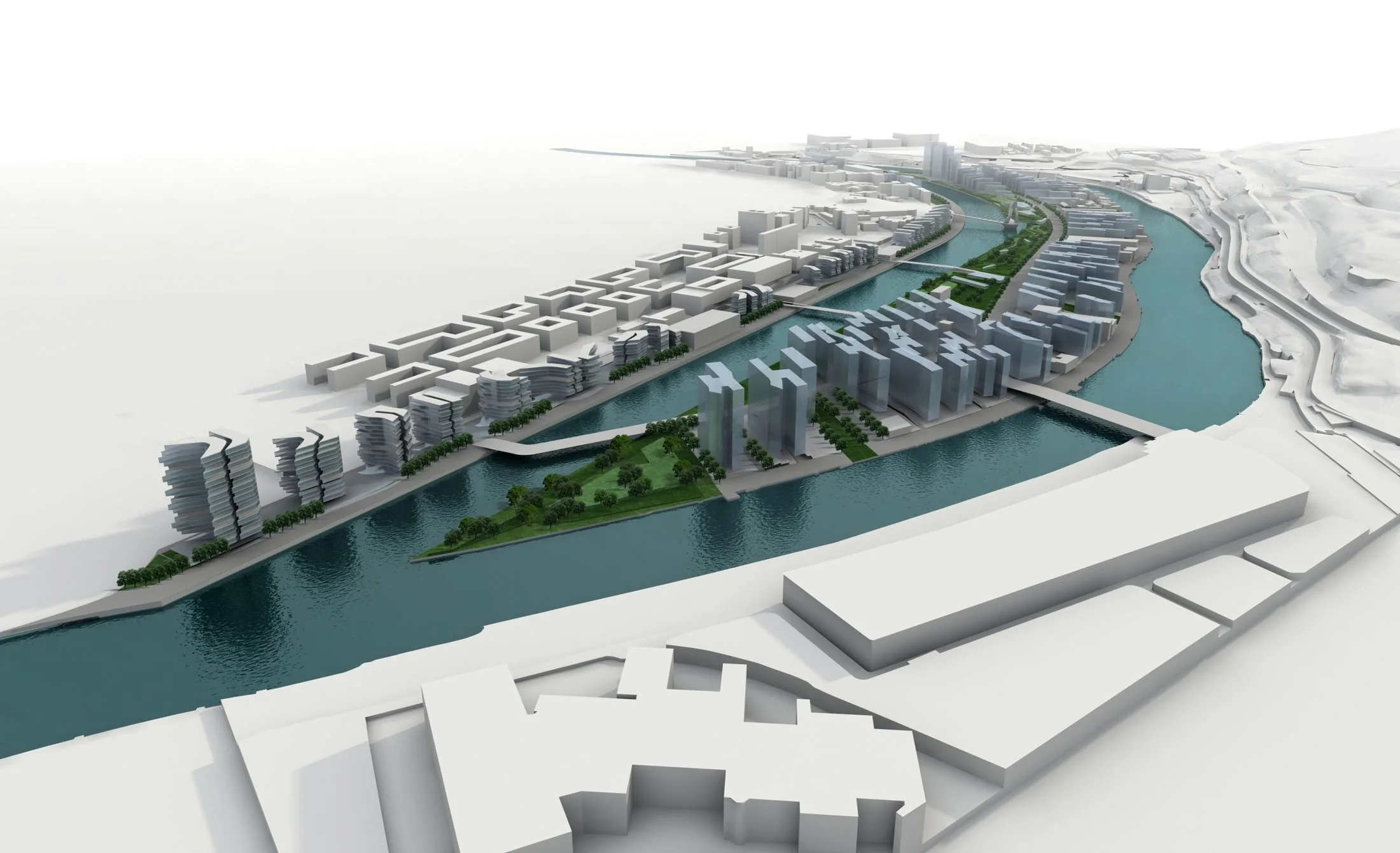 Masterplan render of the Zorrotzaurre plan, Bilbao, showing the opened Deusto canal turning the peninsula into an island and the proposed urban blocks.