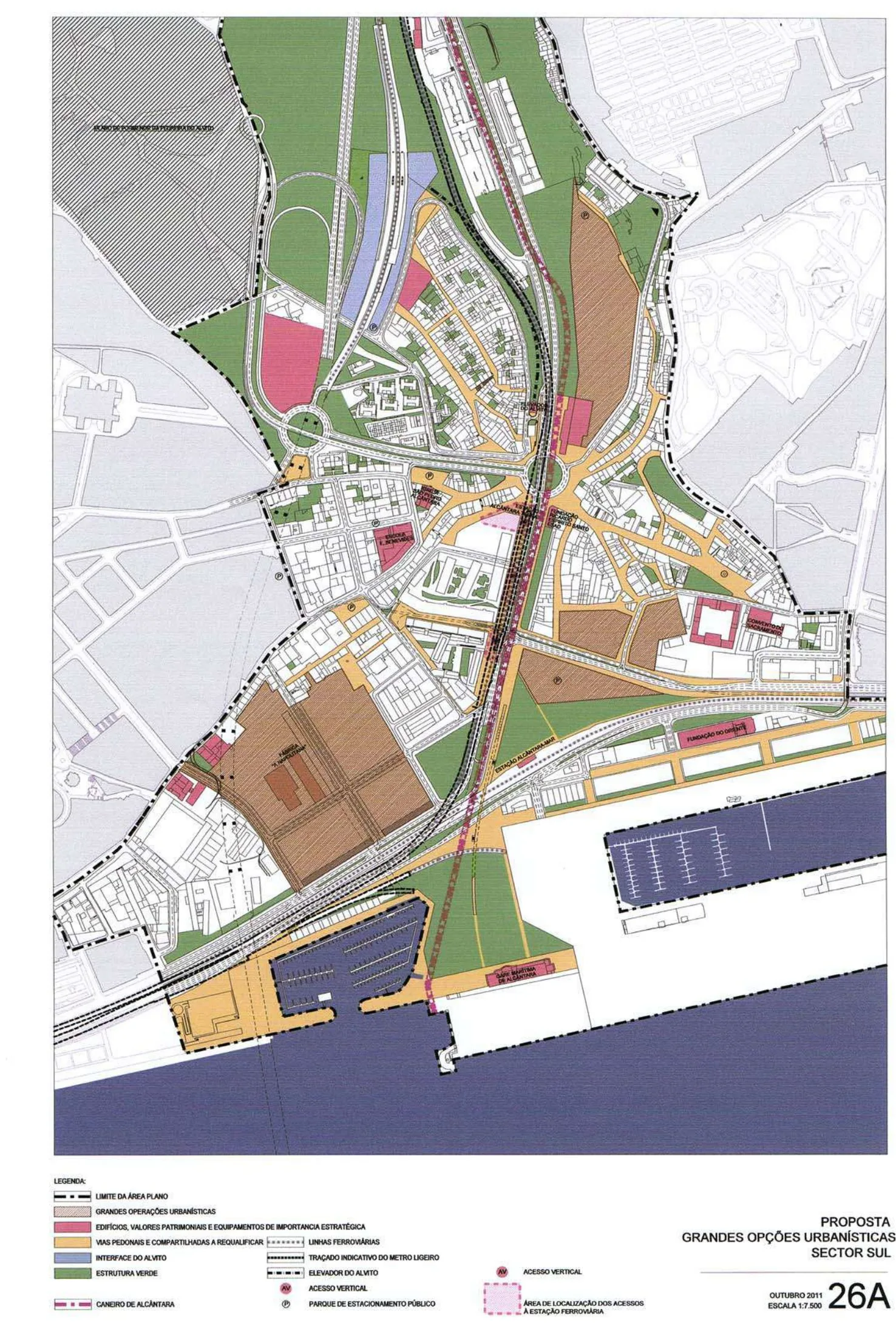 Alcântara Urbanisation Plan, southern sector: major urban options for the port–city interface, with strategic development operations, the light-rail and rail alignments and the green structure along the Alcântara valley