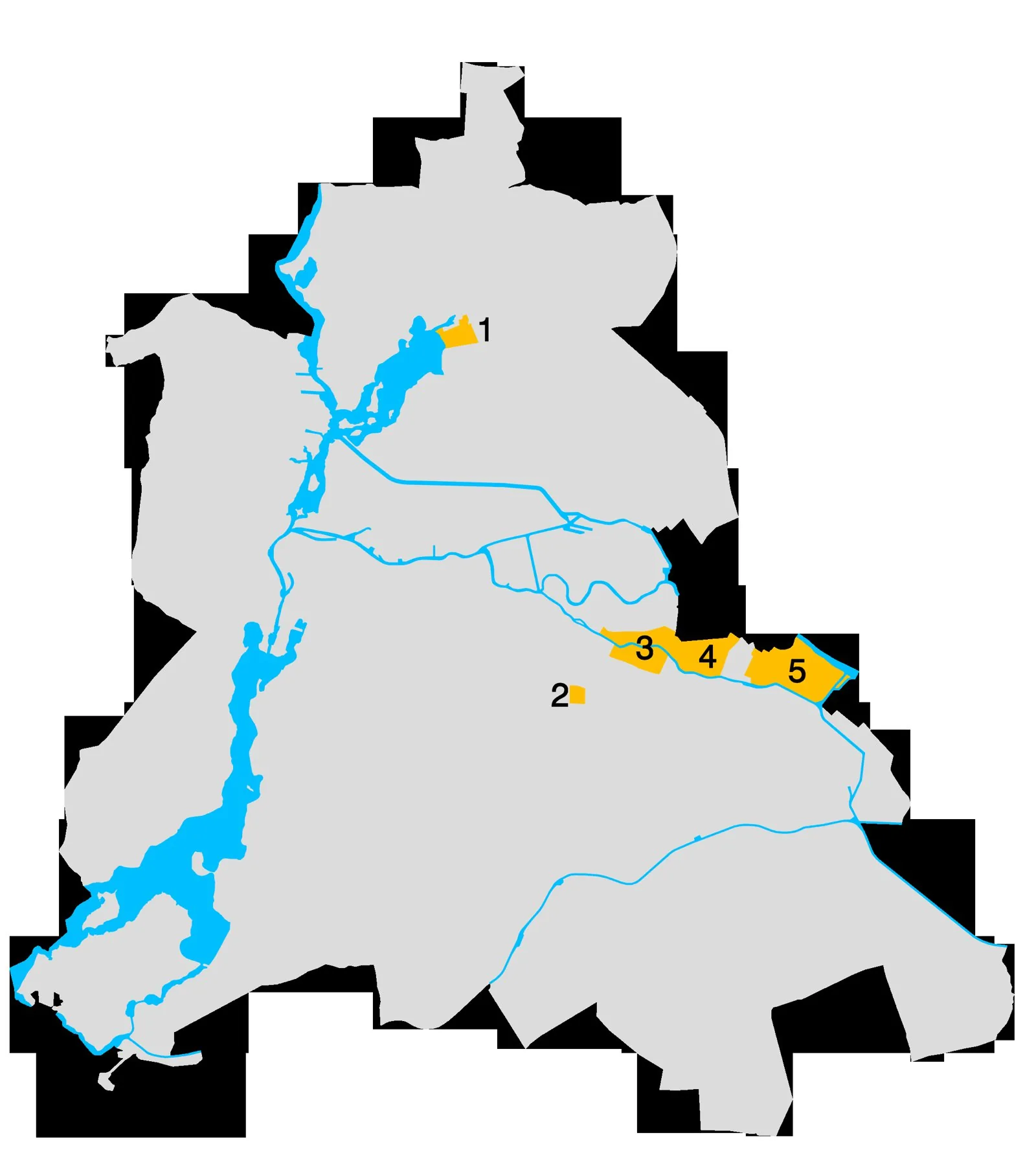 Map of the IBA Berlin 1984/87 (Internationale Bauausstellung) intervention/demonstration areas across West Berlin, showing the locations of the IBA-Neu and IBA-Alt zones (incl. Southern Friedrichstadt