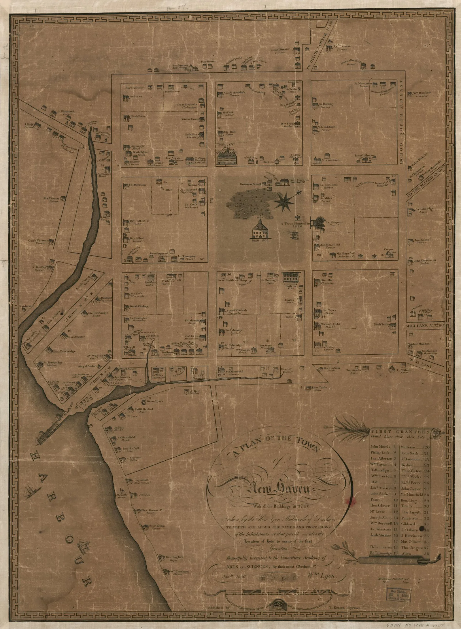Historic plan of New Haven recording the original 1638 nine-square grid with all buildings as of 1748; the central square (the Green) and the eight surrounding squares laid out by John Brockett are cl
