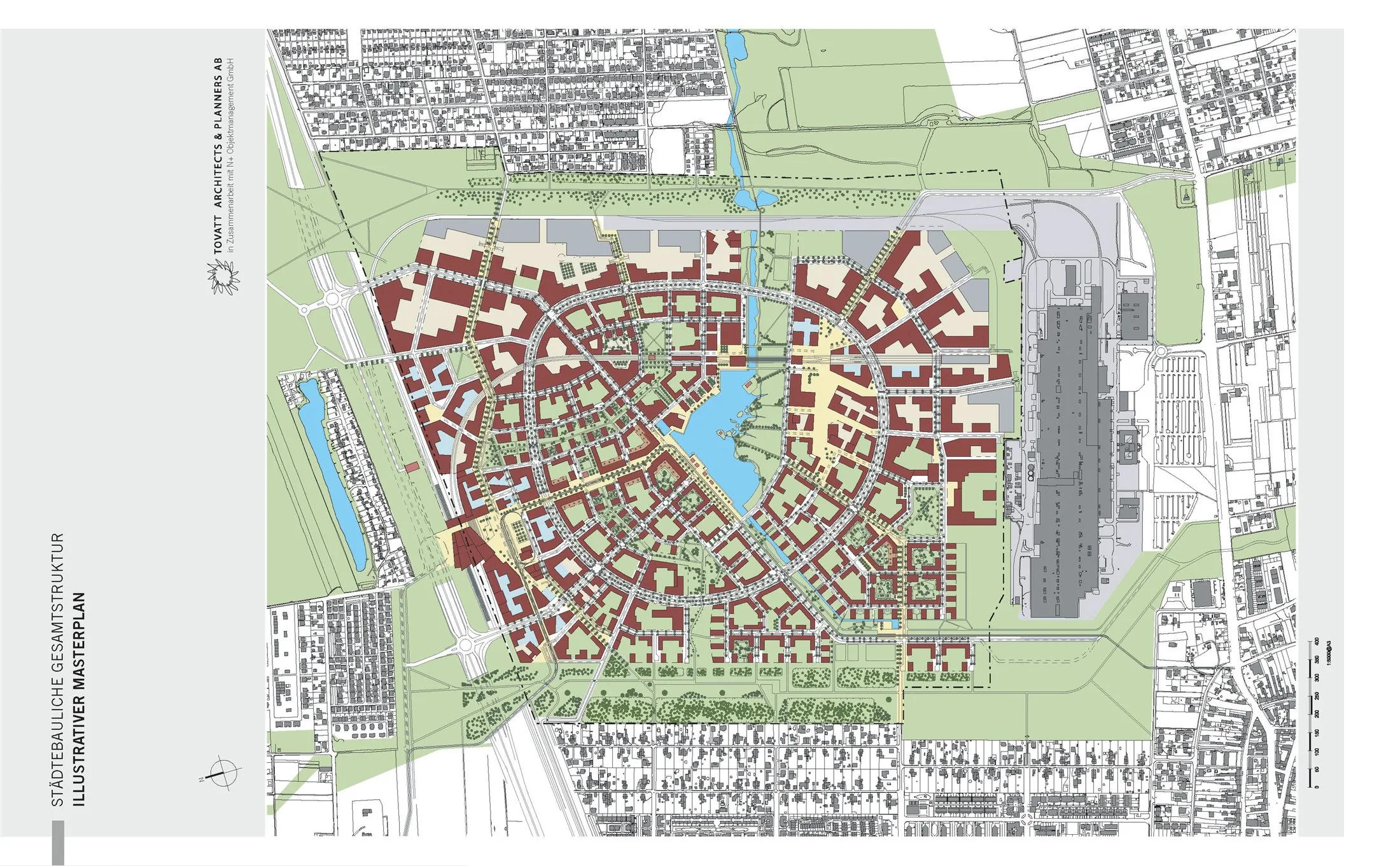 Illustrative masterplan of aspern Seestadt (Masterplan Flugfeld Aspern, 2007) by Tovatt Architects and Planners, showing the ring road, central lake and urban blocks of Vienna's lakeside new town.