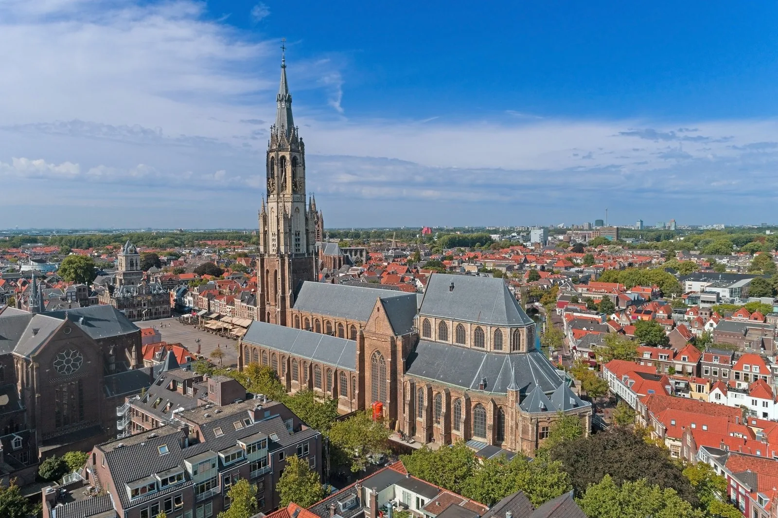 Aerial drone view over Delft, Netherlands.