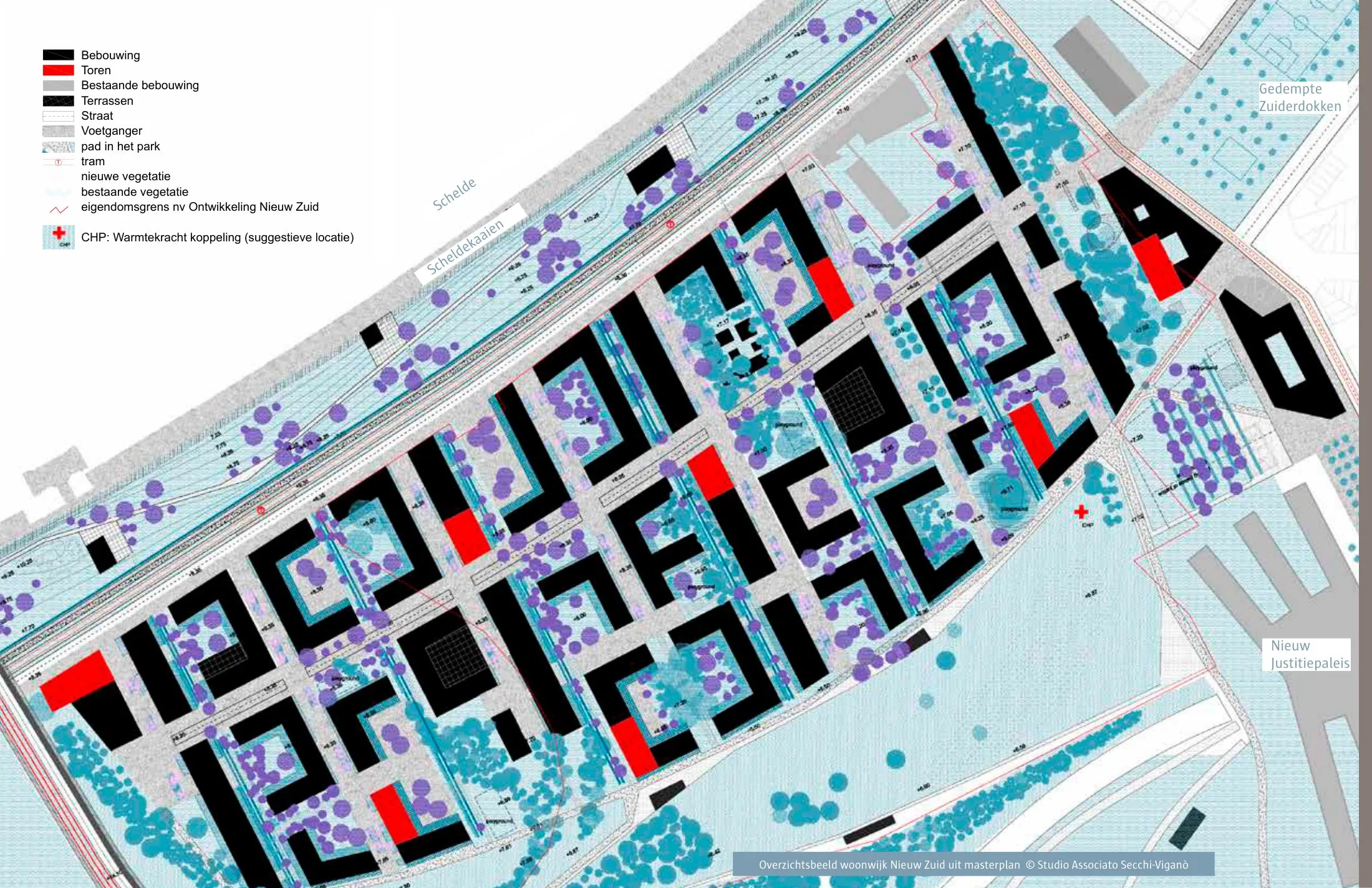 Masterplan overview of Nieuw Zuid by Studio Associato Secchi-Viganò: seven perpendicular residential bands with green courtyards, towers marked in red, the tram line, the Scheldekaaien park strip and the 15 ha Konijnenwei park.