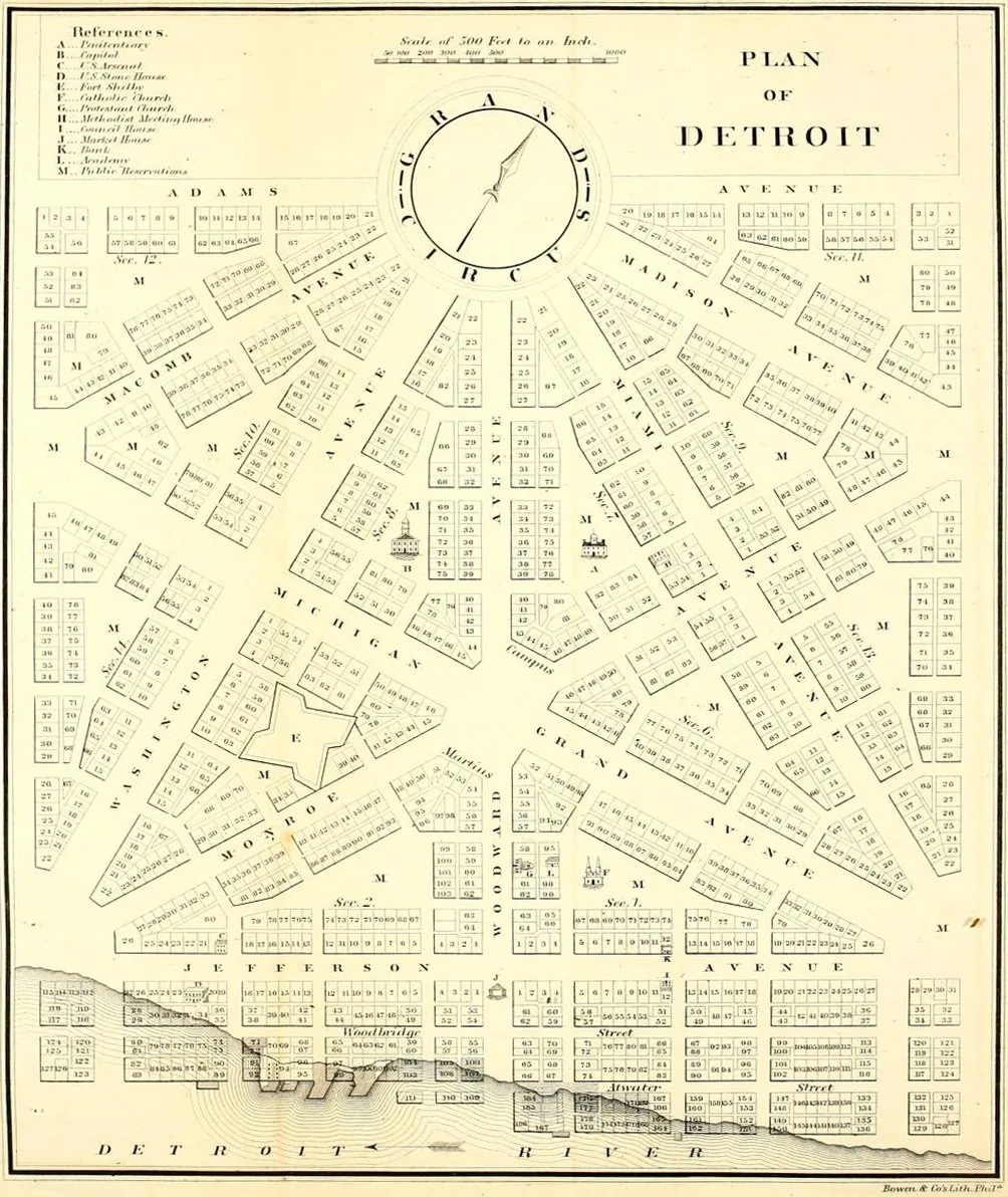 Judge Augustus Woodward's 1807 hexagonal/radial plan for rebuilding Detroit after the 1805 fire, with avenues radiating from the Grand Circus and Campus Martius - a L'Enfant-inspired Baroque geometry.