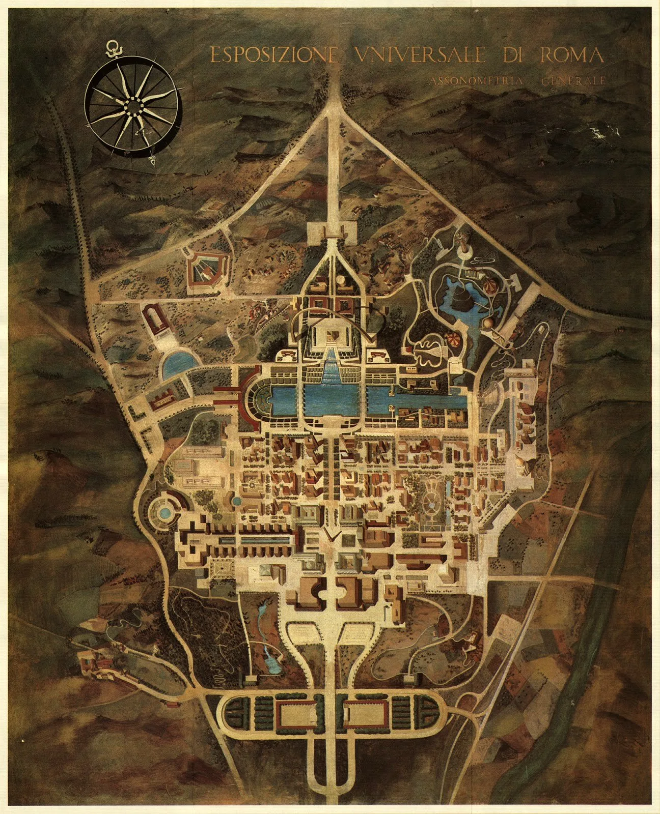 General master plan (planimetria generale) of the EUR / E42 district laid out for the planned 1942 Esposizione Universale di Roma, showing the monumental axial street grid and principal buildings unde