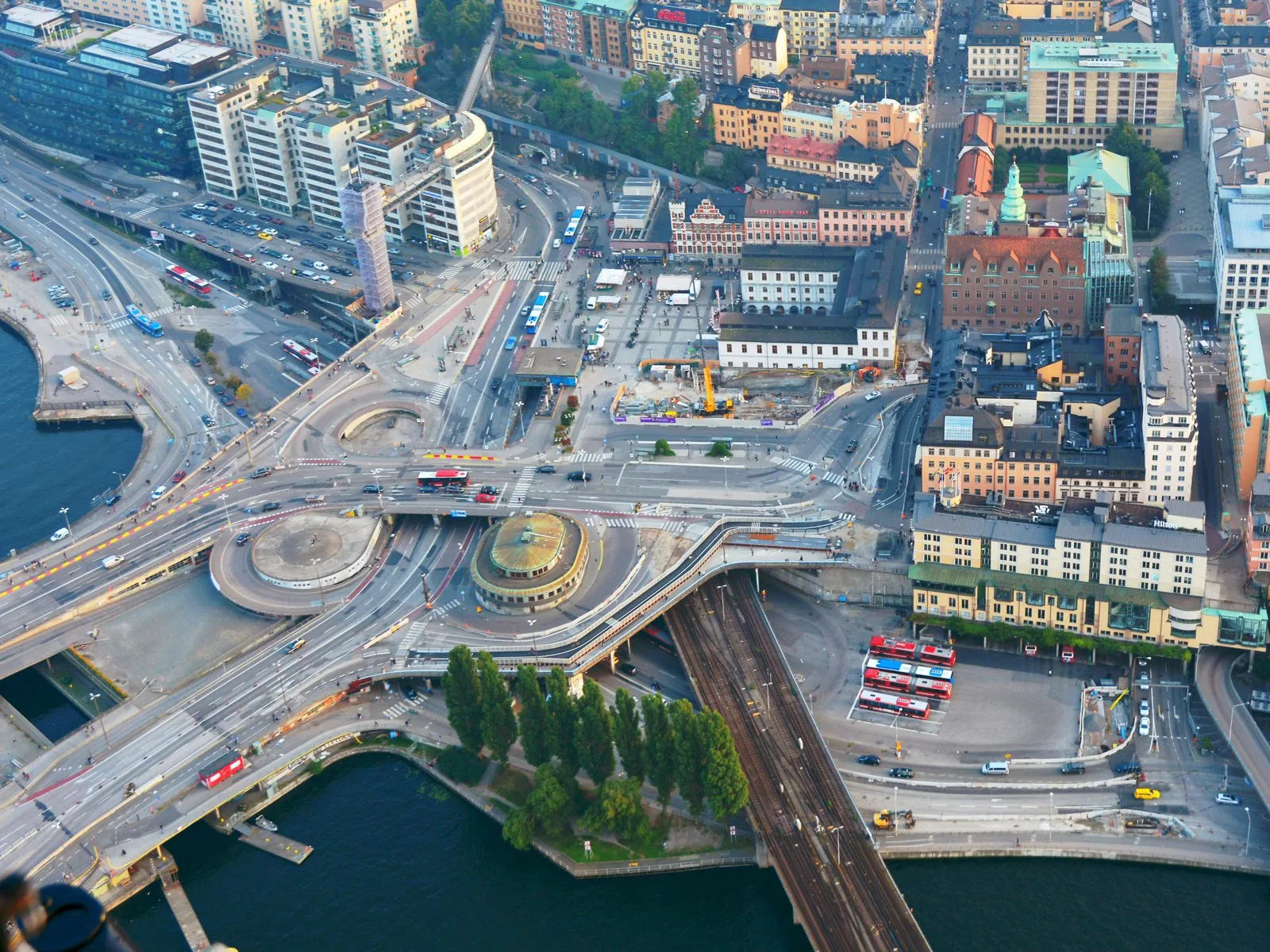 Aerial view of Slussen, Stockholm (2014), prior to the redevelopment begun in 2015.