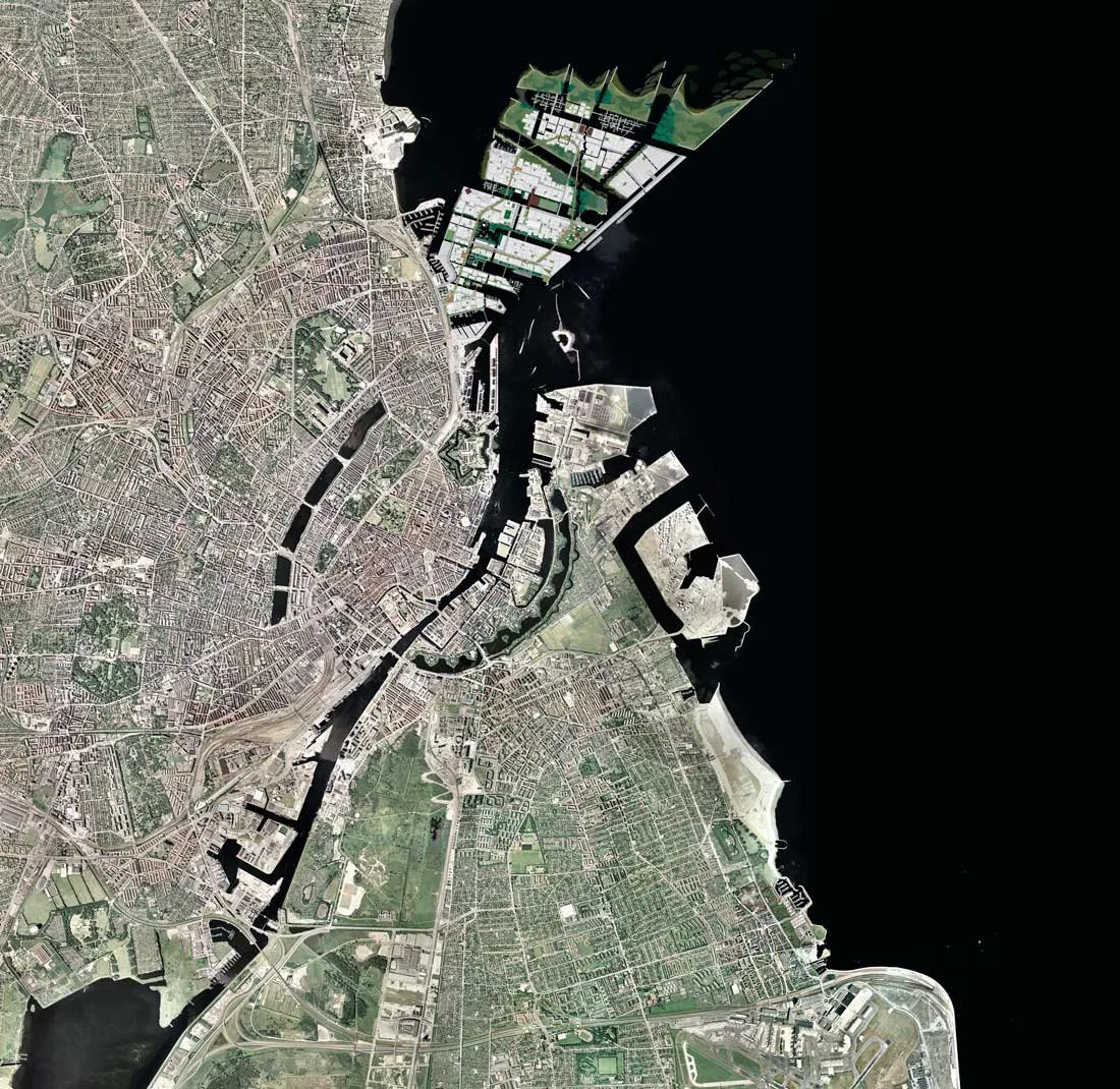 Aerial plan view of the COBE-led Nordhavn masterplan showing the proposed 'islets' (holme) structure: the post-industrial harbour broken up by new canals and basins into a series of dense waterfront i