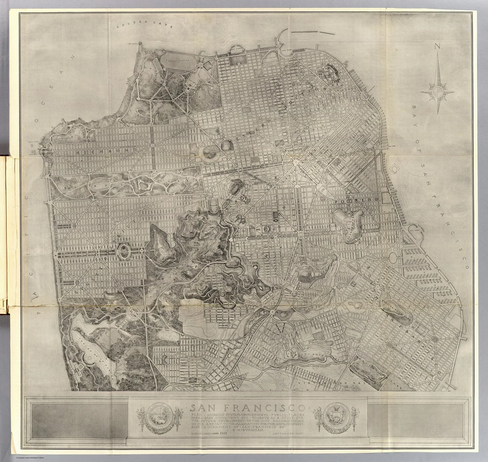 Burnham's 1905 (unbuilt) plan for San Francisco showing the proposed system of diagonal boulevards, radial intersections, parks and park connections overlaid on the existing grid - a City Beautiful sc
