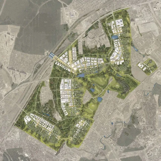 AREP winning master-plan render for the Skolkovo Innovation Center, showing the 'necklace' of districts along the central boulevard/transit spine within the surrounding context. Verified by direct ret