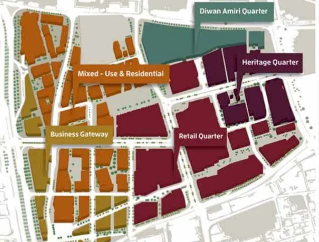 Master-plan diagram of Msheireb Downtown Doha showing building footprints organised into the five quarters (Diwan Amiri, Heritage, Retail, Mixed-Use & Residential, Business Gateway). No public-domain 