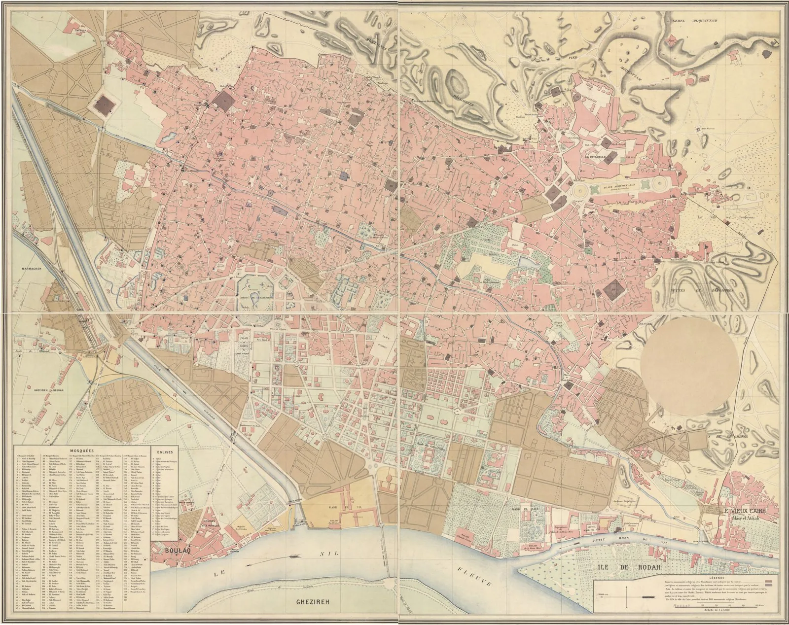 Khedivial-era general plan of Cairo, showing Khedive Ismail's new regularised Ismailiyya district with its broad straight boulevards laid out west of the medieval city.