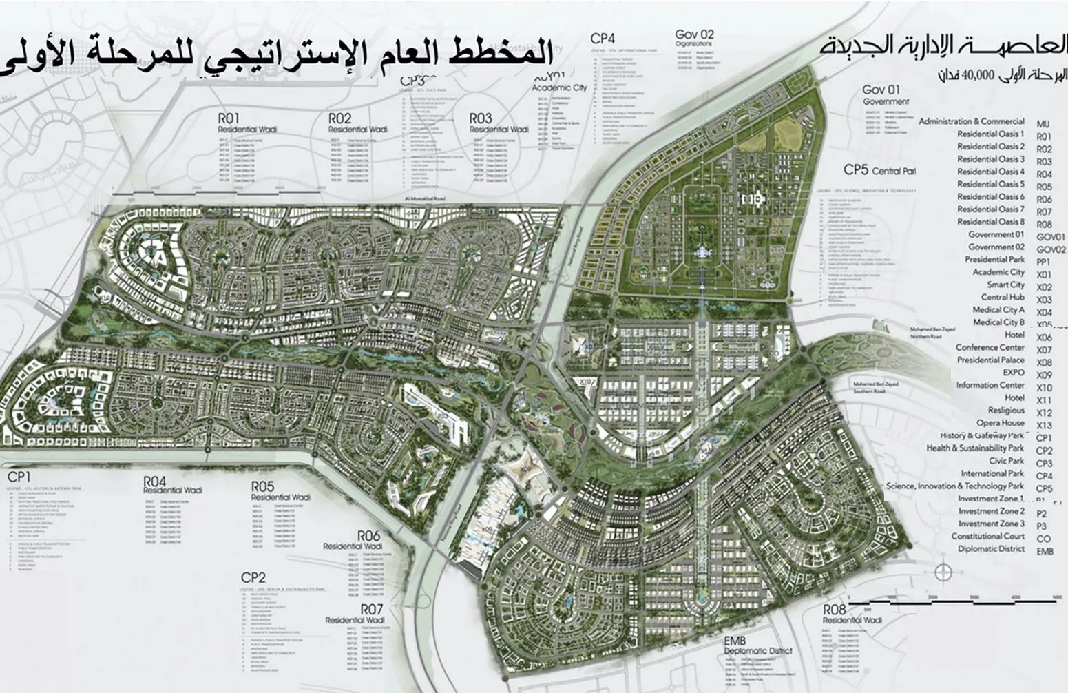 Rendered masterplan of the first phase of Egypt's New Administrative Capital, showing the planned axial layout - government district, central business district, residential neighbourhoods and the gree