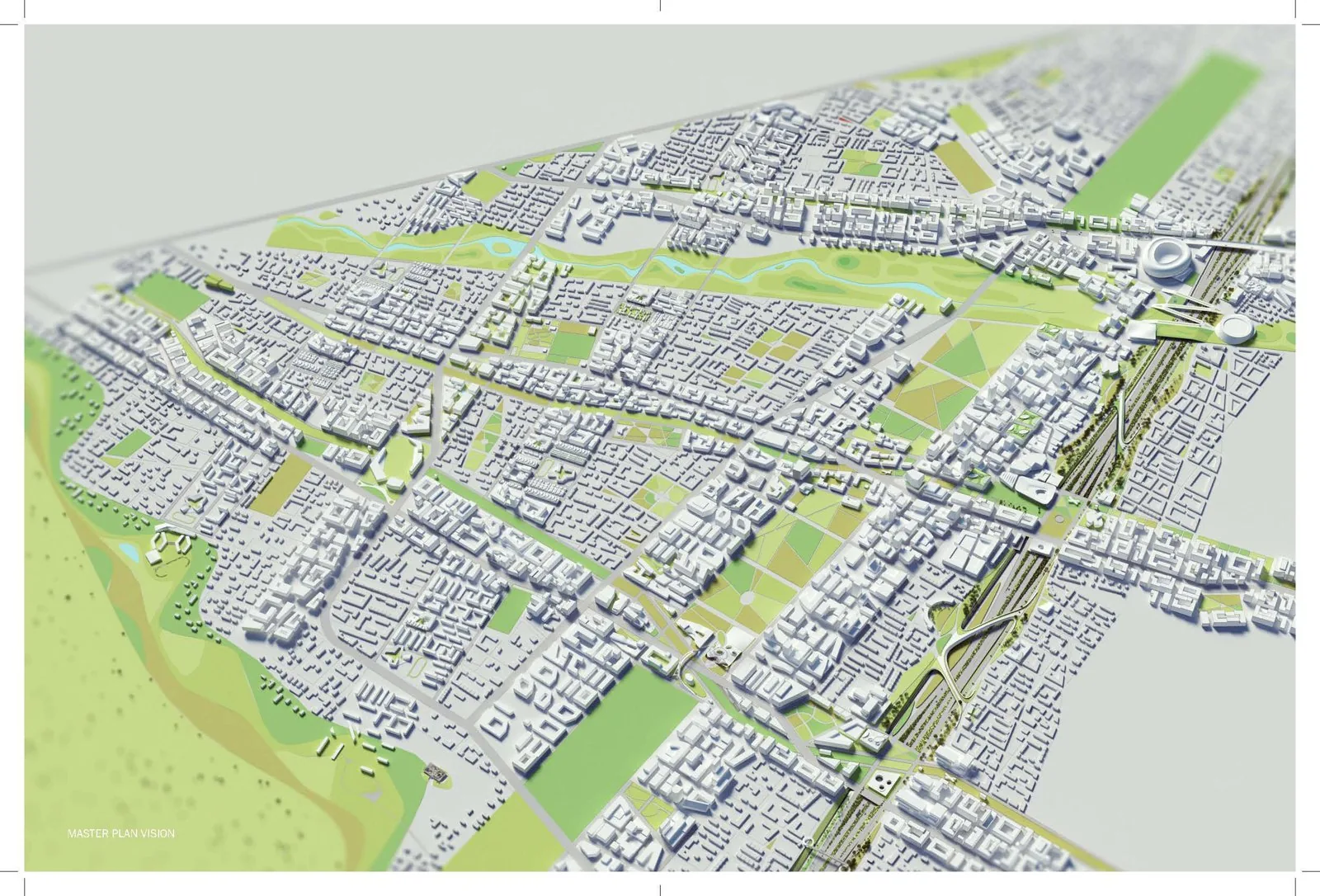 Konza Technopolis 'Master Plan Vision' aerial render showing the SHoP 'stitch' framework - the east-west mixed-use bar crossed by north-south program bands (university, residential, science/tech, busi