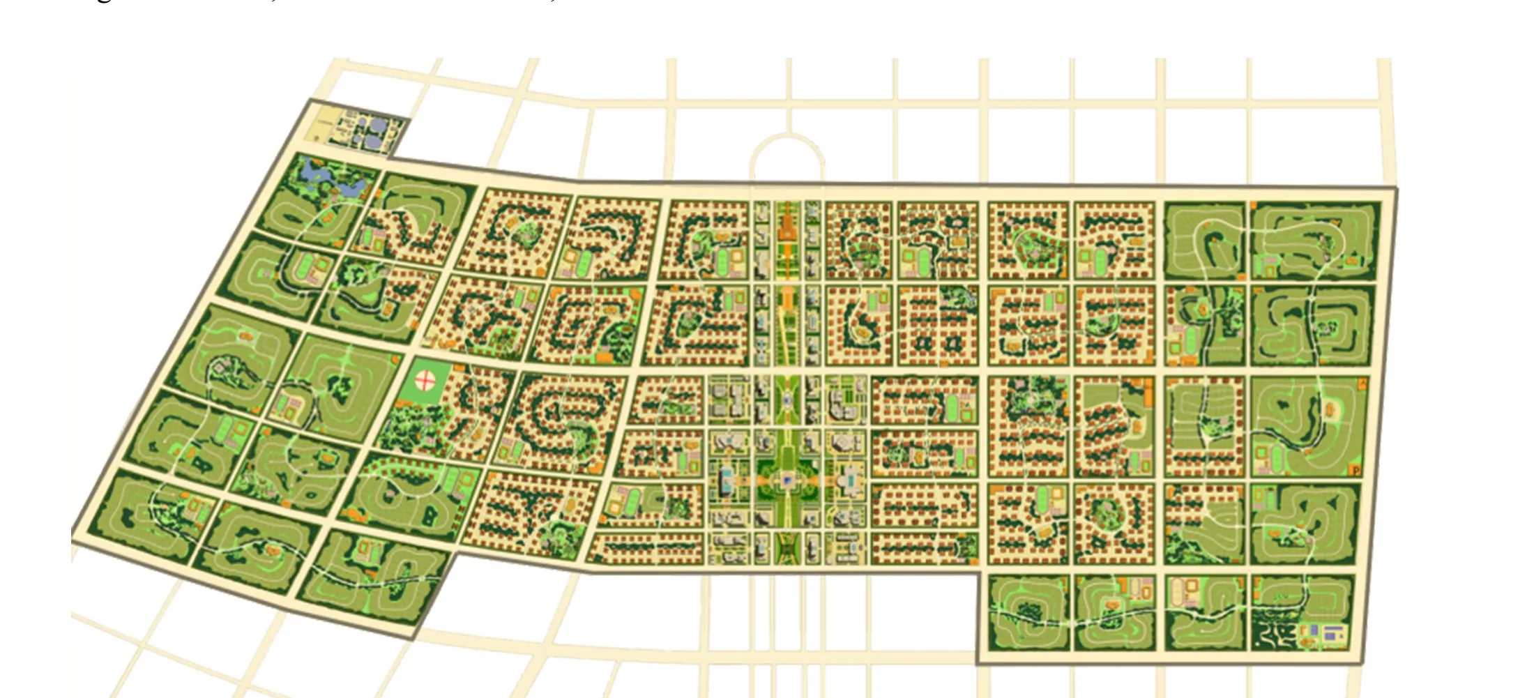 CITIC's 2008 masterplan for Nova Cidade de Kilamba: the orthogonal superblock grid of housing courts, avenues and school/commercial plots south of Luanda
