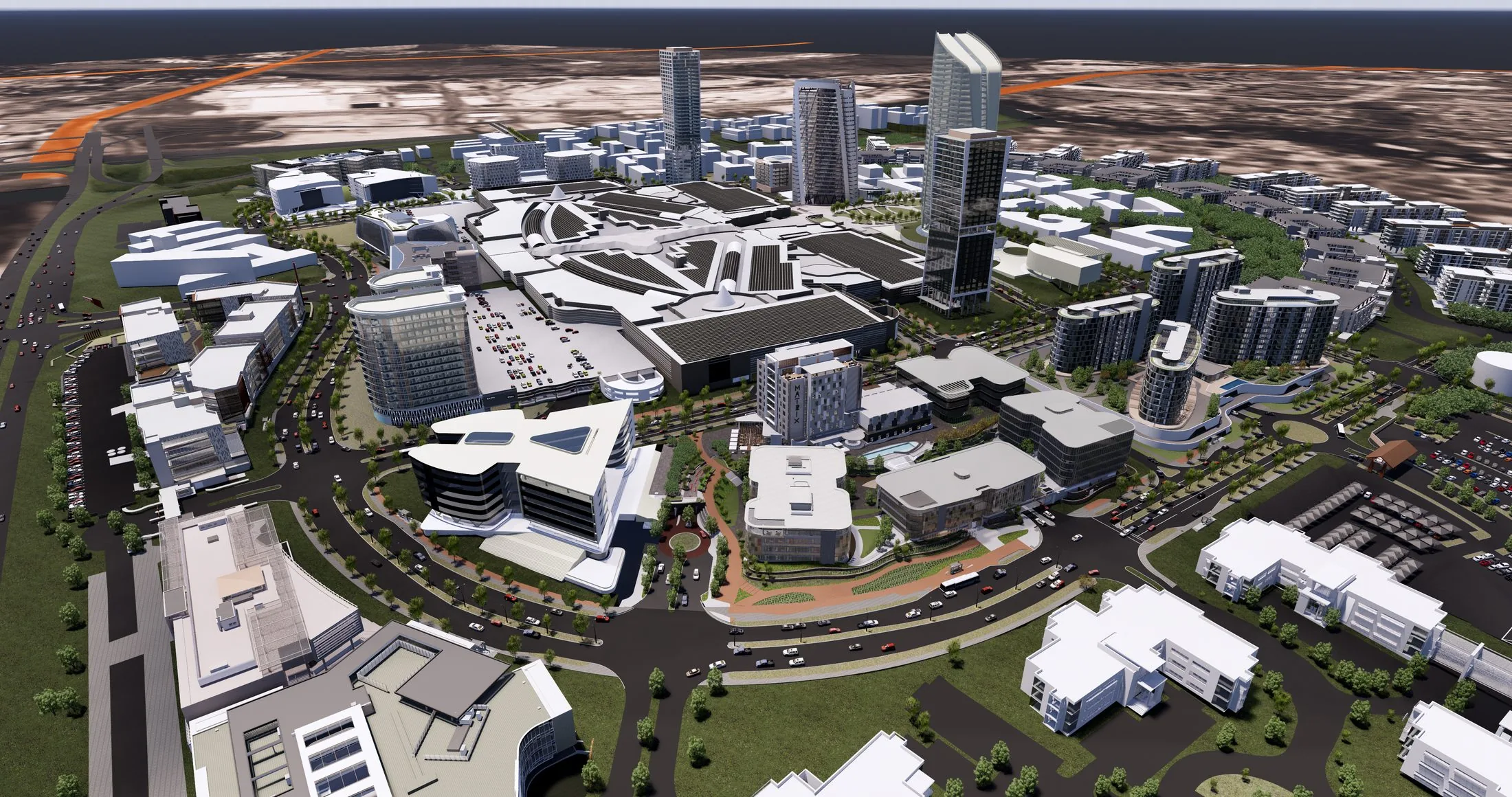 Aerial masterplan render of Waterfall City, Midrand: the Mall of Africa at the centre with offices, hotels and residential towers on the surrounding ring roads of the private mixed-use city between Johannesburg and Pretoria.