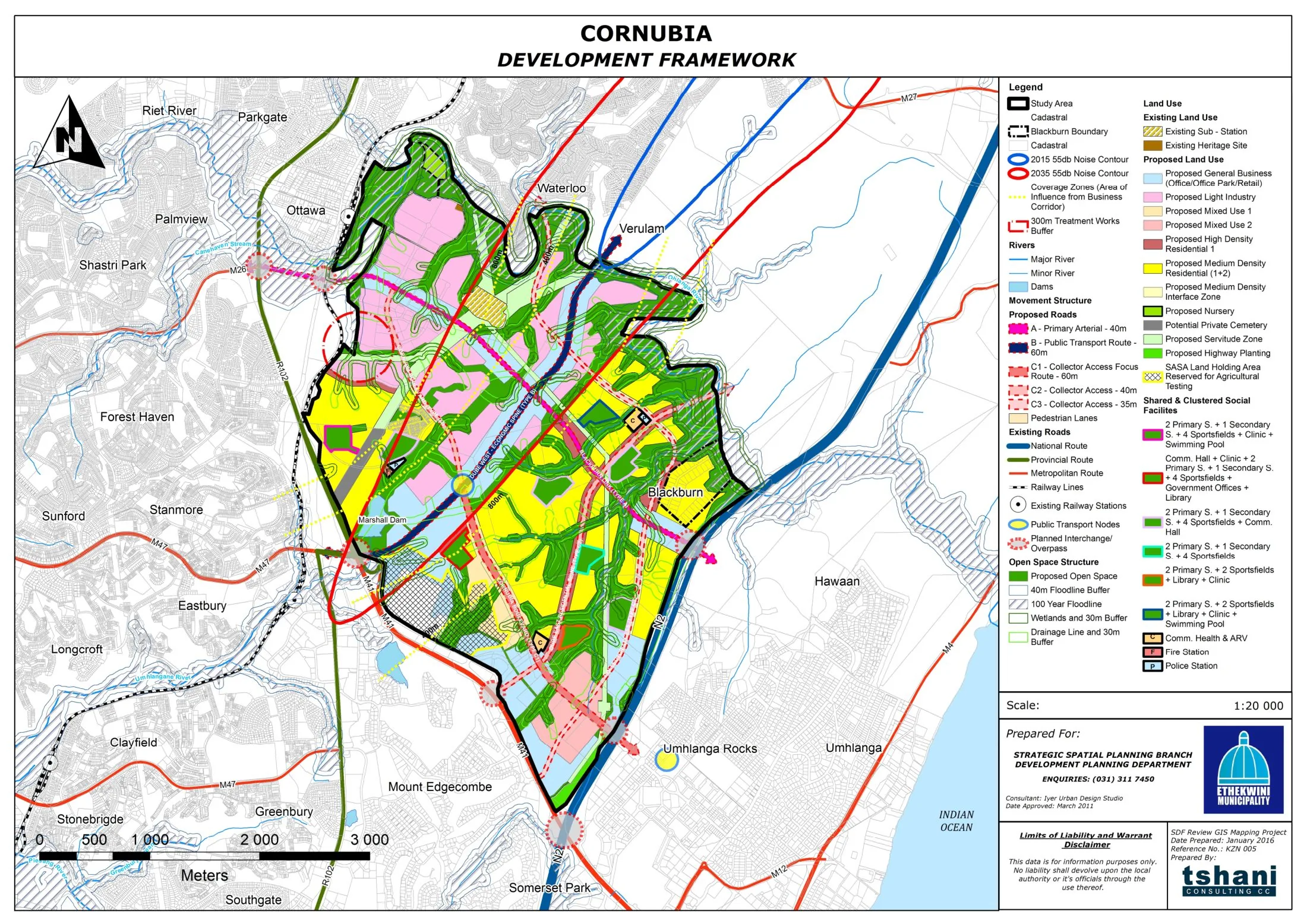 Cornubia Development Framework plan at 1:20,000: proposed land uses, movement structure and open space system across the 1,200 ha site between Phoenix, Blackburn and Umhlanga north of Durban