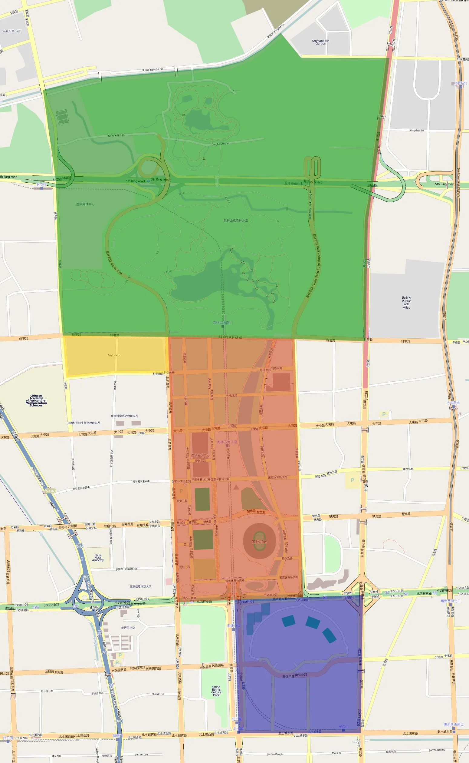 Colour-coded plan/scheme of the Beijing Olympic Green showing the Forest Park, Olympic Village, main Olympic Green axis and the National Olympic Sports Center — the spatial structure delivered from Sa