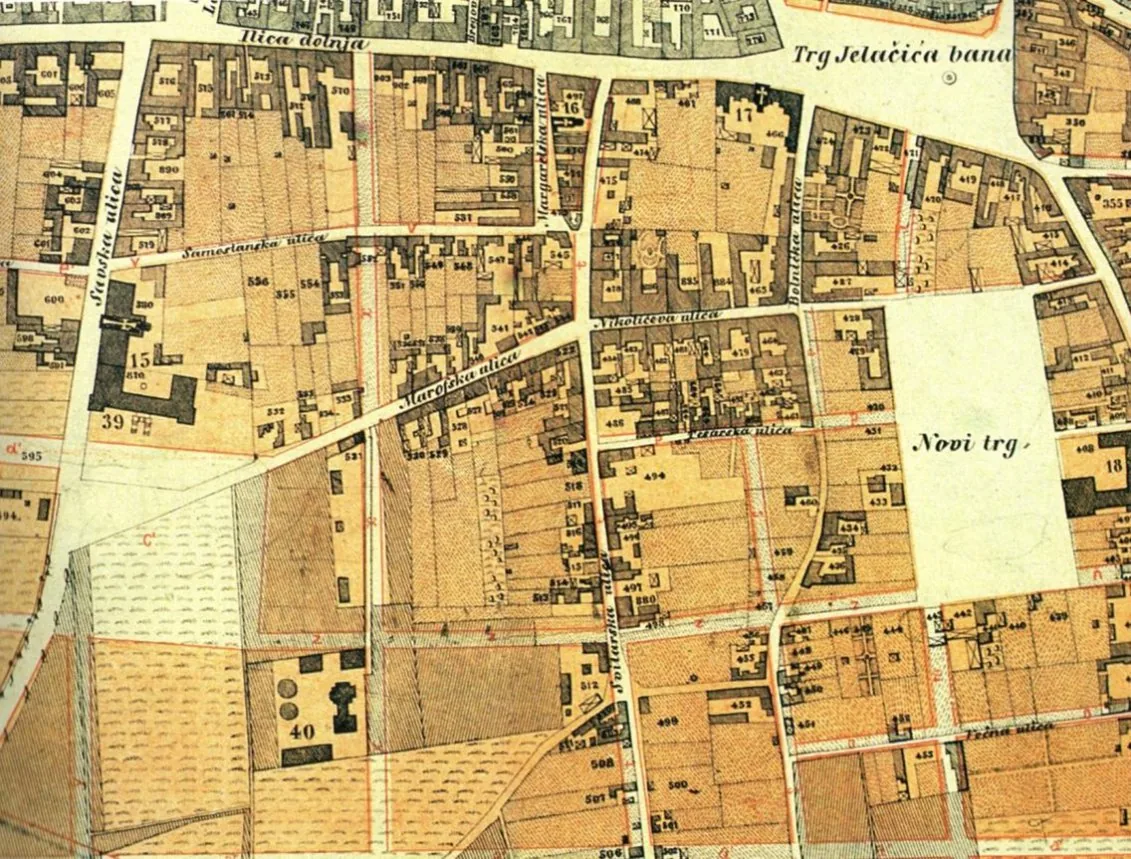 Detail of Zagreb's first regulatory plan (1865) for the Lower Town, the gridded framework into which Milan Lenuci's U-shaped 'Green Horseshoe' of squares and parks was developed in the 1880s-90s. (No 
