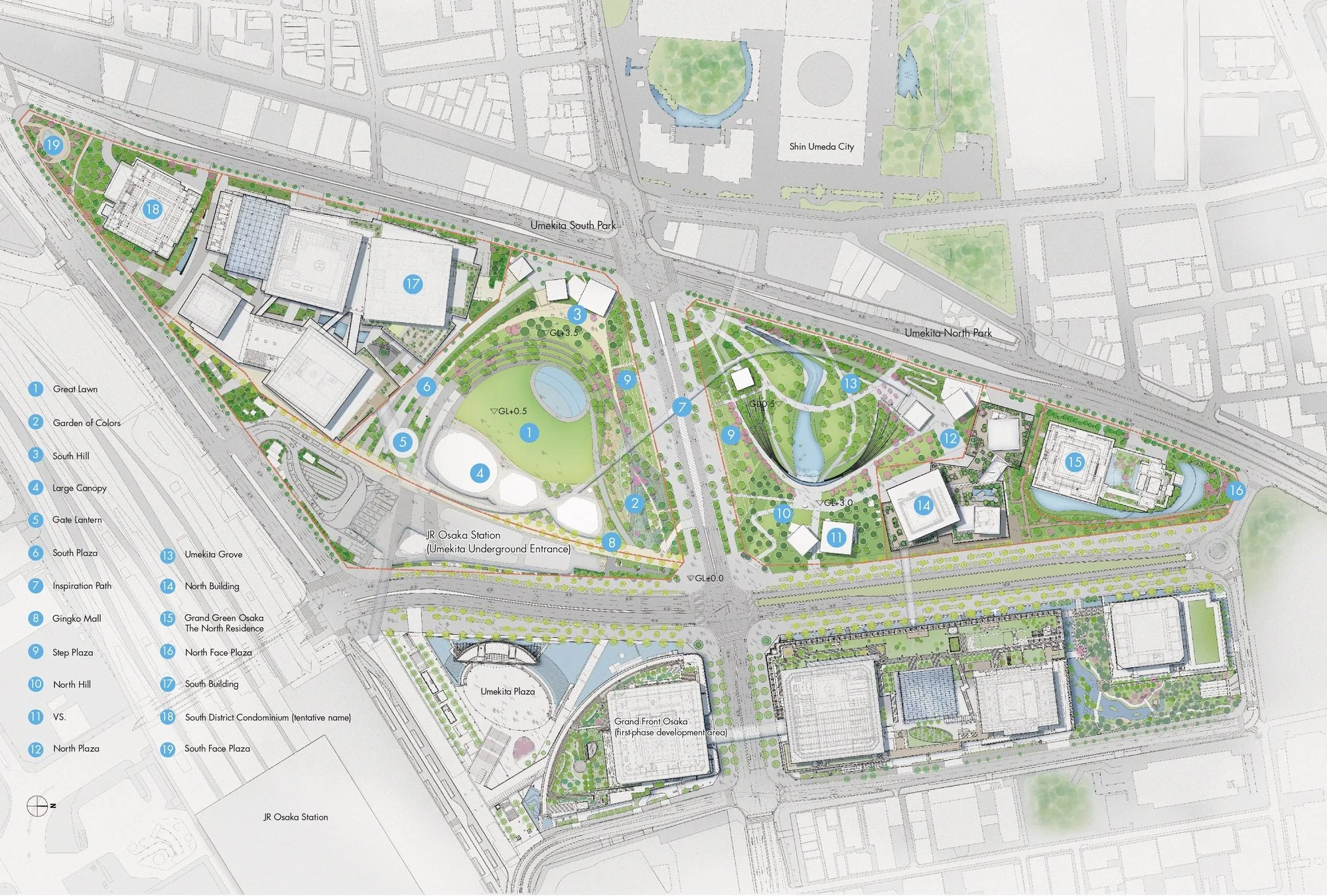 Site plan of Umekita Phase 2 / Grand Green Osaka: the 4.5 ha Umekita North and South Parks threaded between the new station-adjacent development blocks