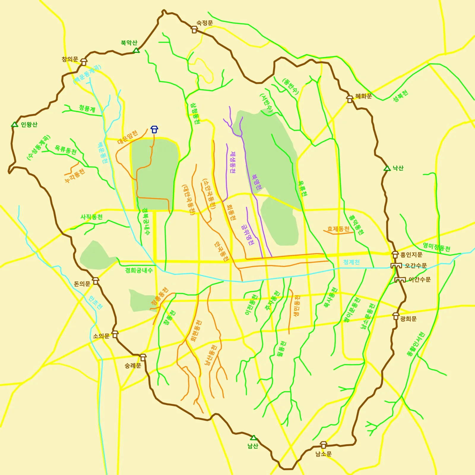 Map of the Cheonggyecheon stream and its tributaries tracing the linear stream corridor (the restored route) east through central Seoul relative to the historic city wall - the alignment uncovered/res