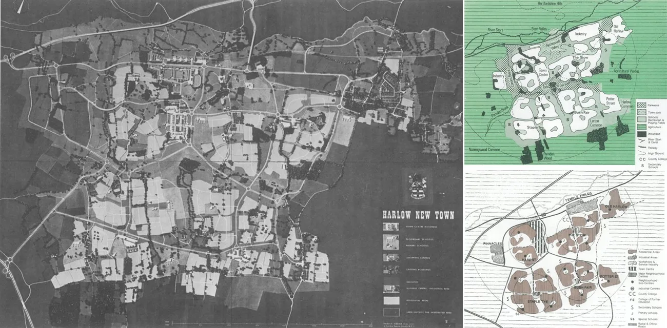 Gibberd's Harlow master plan: town plan over an aerial base with neighbourhood-cluster diagrams keyed to greenways.