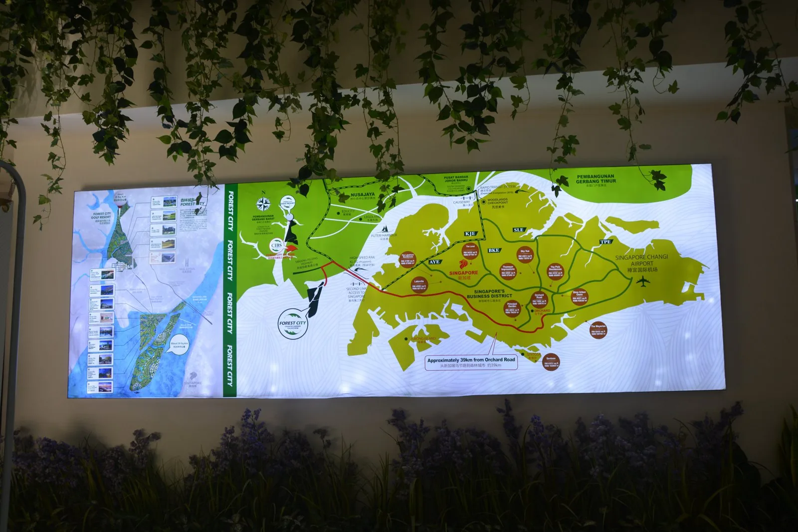 Master-plan location map of Forest City, Johor, displayed in the project sales centre.
