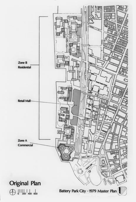 The 1979 Cooper-Eckstut master/site plan for Battery Park City, extending the Manhattan street grid onto the landfill site with a central commercial core, residential blocks along boulevards and a con