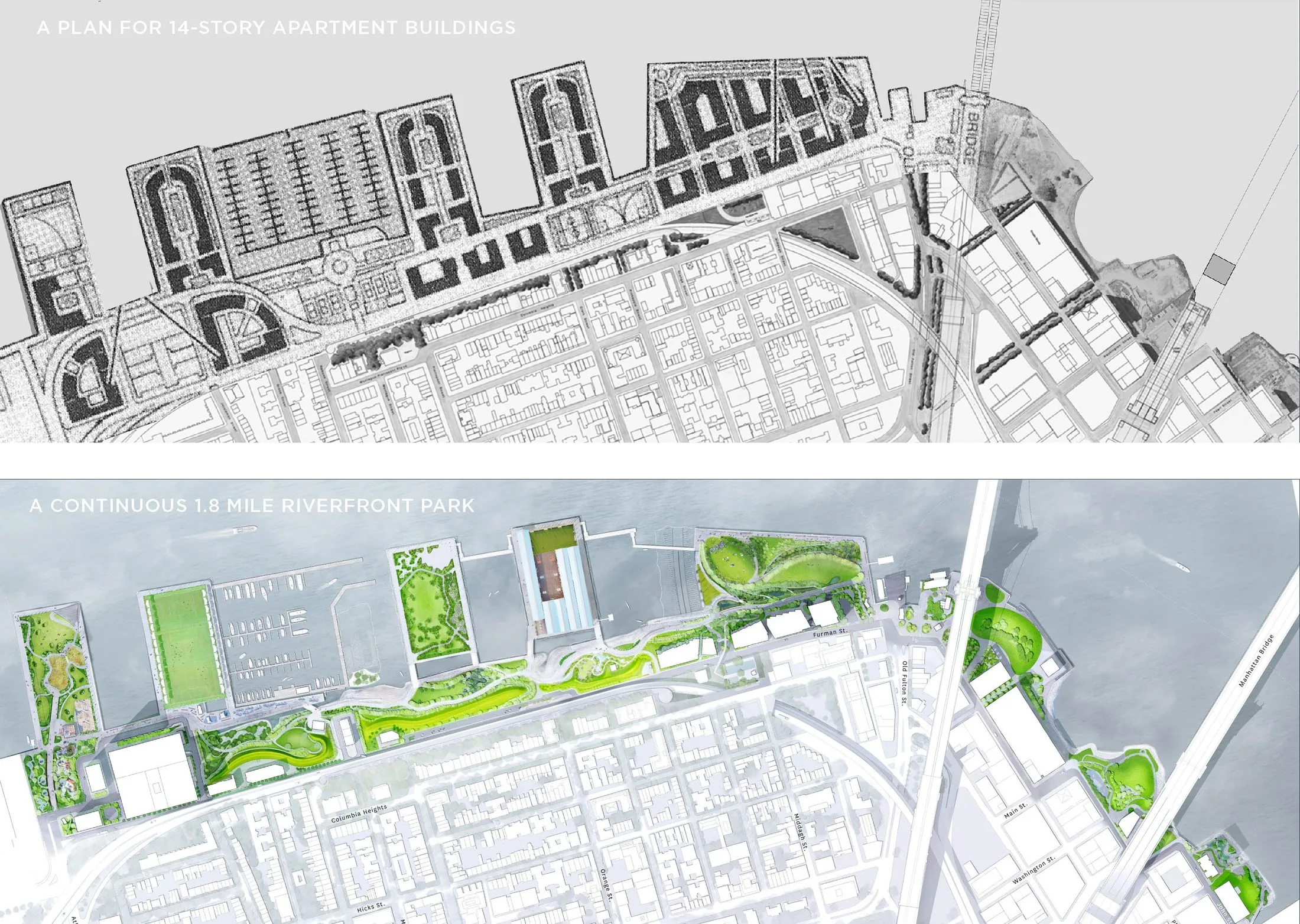 Brooklyn Bridge Park master plan: the earlier apartment-building scheme (above) and the continuous 1.8-mile riverfront park plan (below)