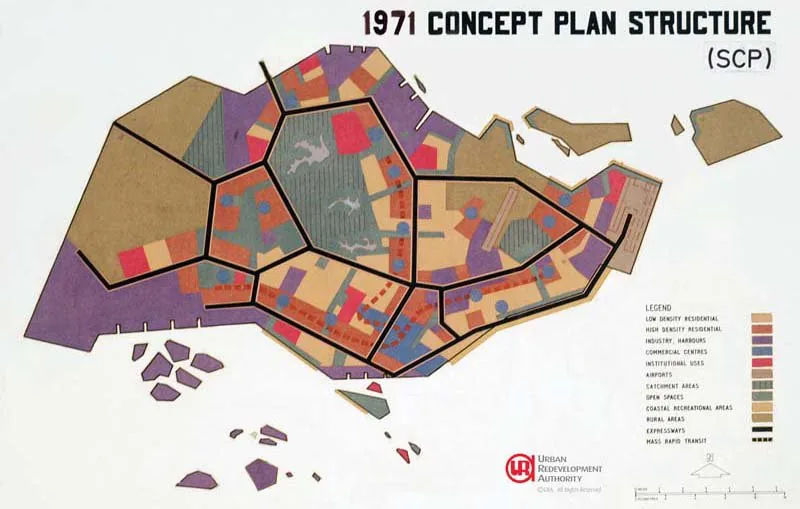 The original 1971 Ring Concept Plan diagram by Singapore's URA, showing the ring of high-density satellite new towns encircling the central water catchment, the Jurong–Changi development belt, and the