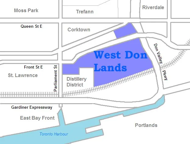 Map of the West Don Lands redevelopment precinct, Toronto waterfront.