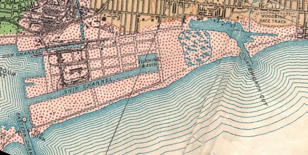 Historic 1932 map of Toronto's Port Lands showing the Keating Channel and Don River mouth, the area being naturalised and flood-protected.
