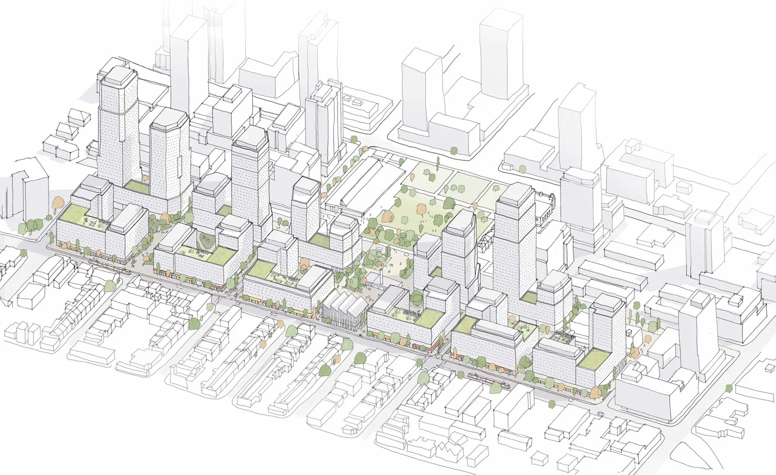 Axonometric masterplan drawing of the Regent Park revitalization showing the new street-grid reconnection, building blocks, massing and the central tree-lined park corridor of the redeveloped mass-hou