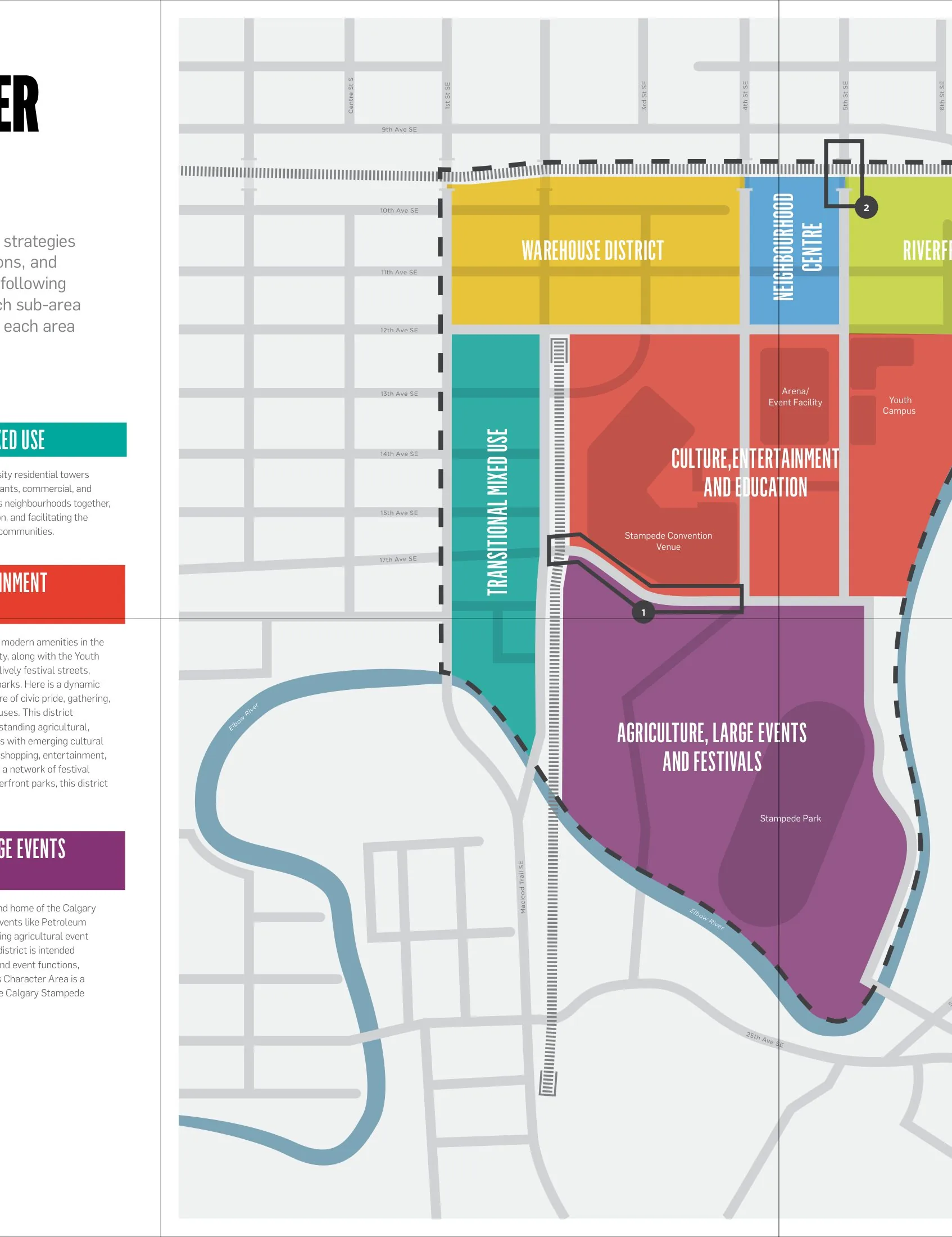 CMLC character-areas plan for Calgary’s Rivers District, the framework that carries forward the East Village Master Plan: warehouse district, neighbourhood centre, riverfront residential, culture/entertainment and events precincts on the Bow and Elbow rivers