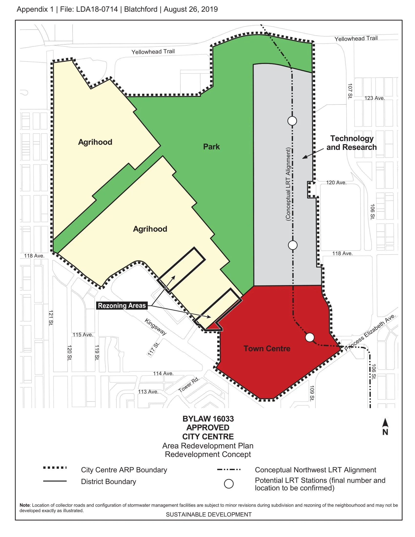 Blatchford redevelopment concept plan on the former Edmonton City Centre Airport: town centre, agrihood districts, central park and conceptual NW LRT alignment with stations.