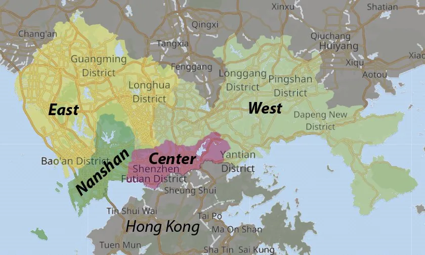 Administrative-division map of Shenzhen showing the original Special Economic Zone districts - Nanshan (west), Futian (centre) and Luohu (east) - strung along the linear coastal band facing the Hong K