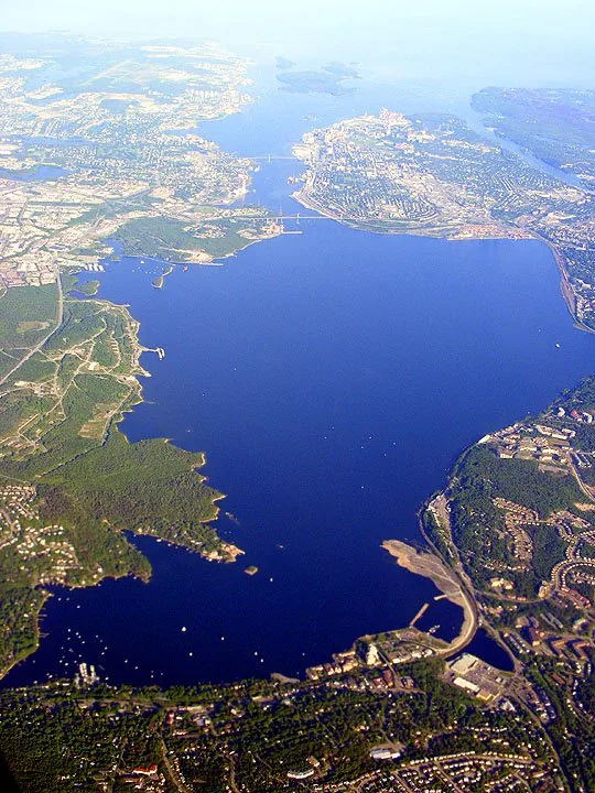 Aerial view of Halifax looking east over the harbour, Nova Scotia.
