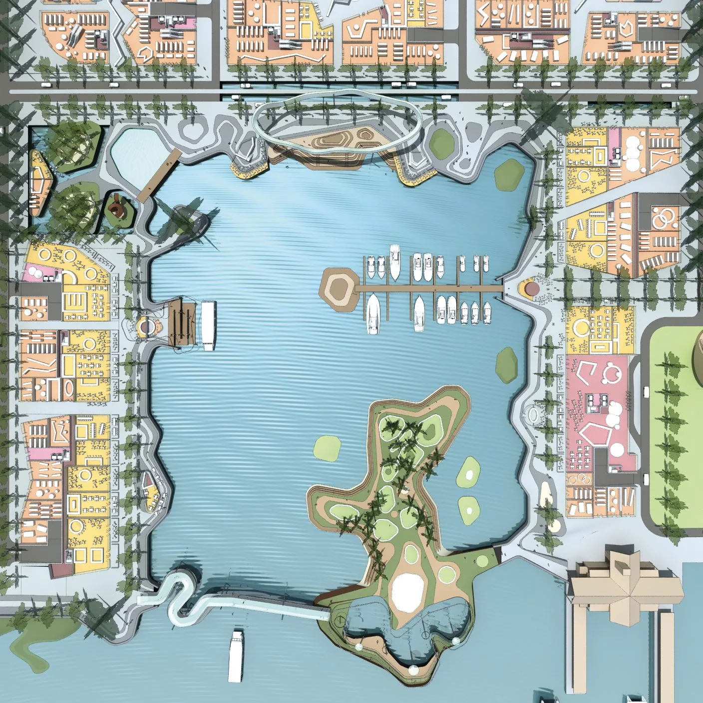 Elizabeth Quay masterplan drawing: the excavated Swan River inlet, terraced promenade, island and surrounding development parcels linking central Perth to the river