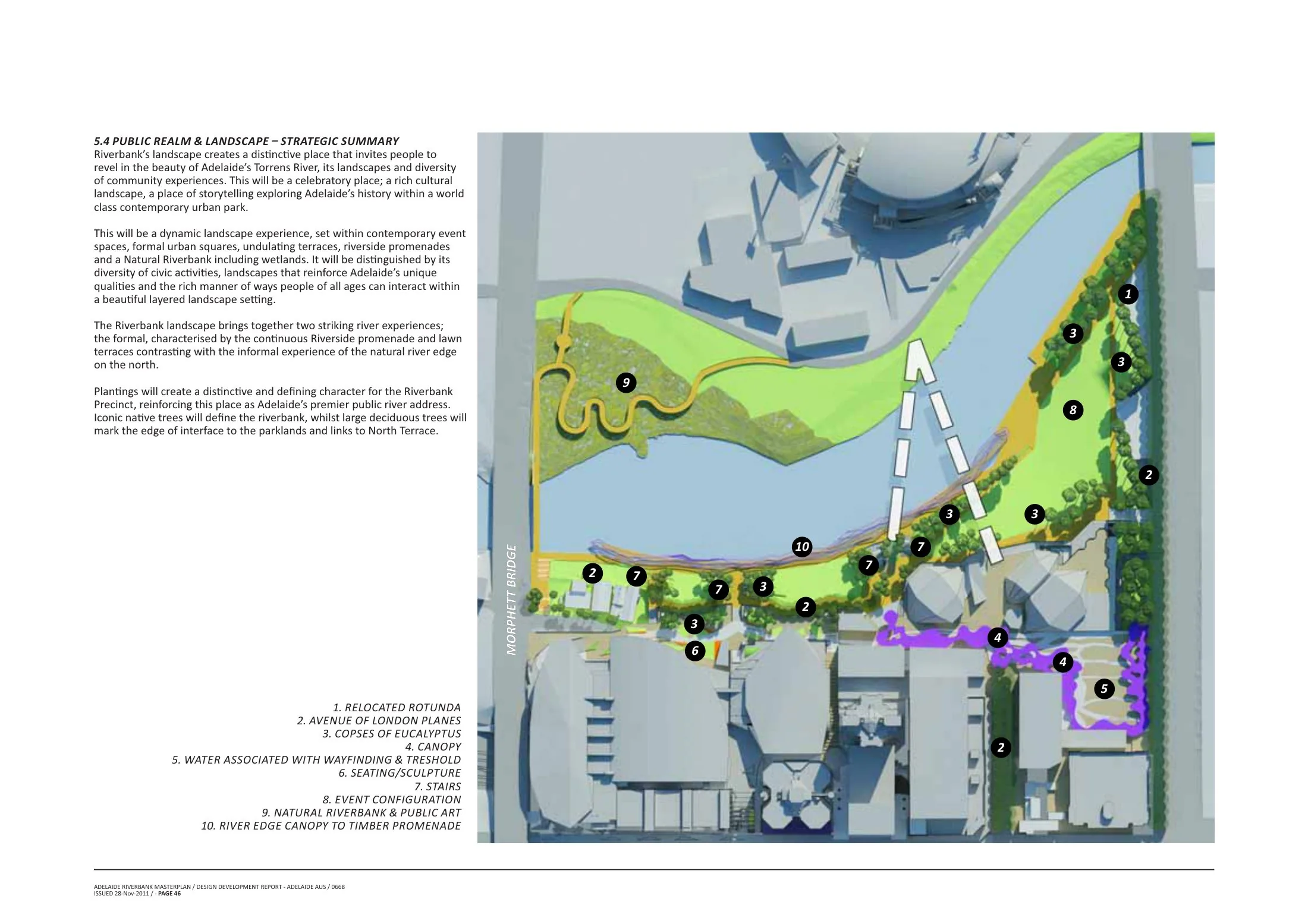 Public realm and landscape plan from the Adelaide Riverbank Masterplan, keying the relocated rotunda, avenue of London planes, natural riverbank, river crossing and Festival Plaza against the Torrens and Adelaide Oval.
