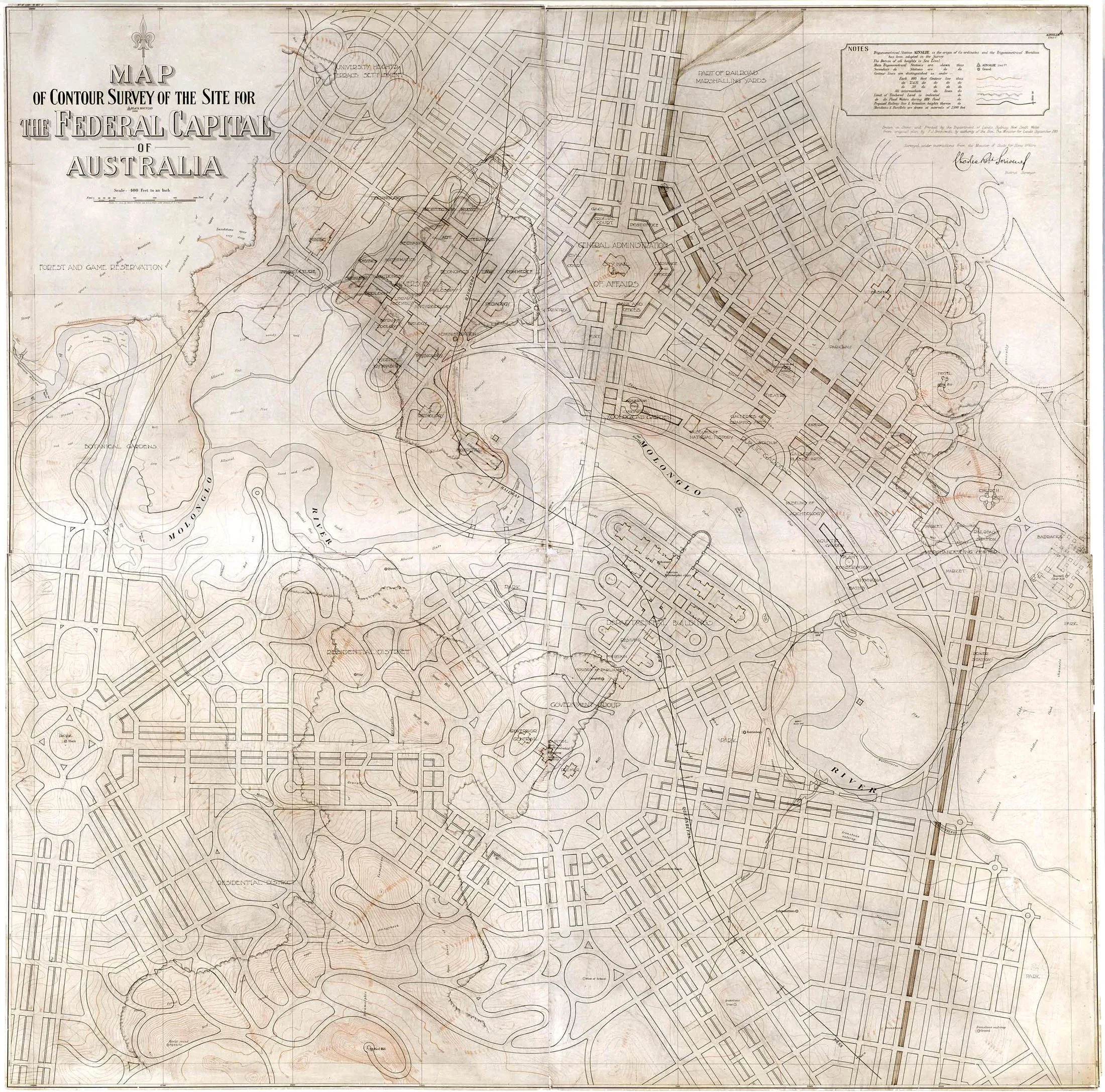 Griffin's competition-winning plan for Canberra defining the land axis and lake corridor that the City to the Lake plan develops.