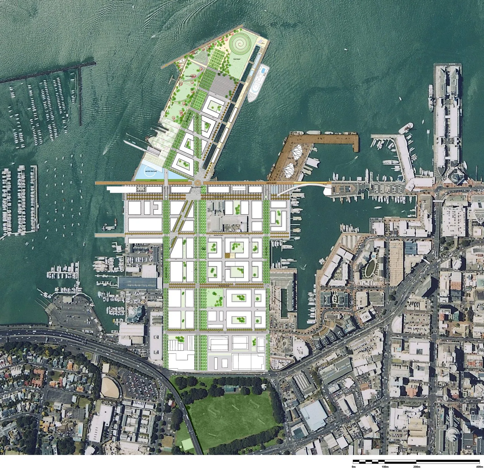 Wynyard Quarter Urban Design Framework site plan: the new street and block grid, Daldy Street linear park, Jellicoe Street and the Wynyard Point headland park on Auckland's former tank-farm peninsula