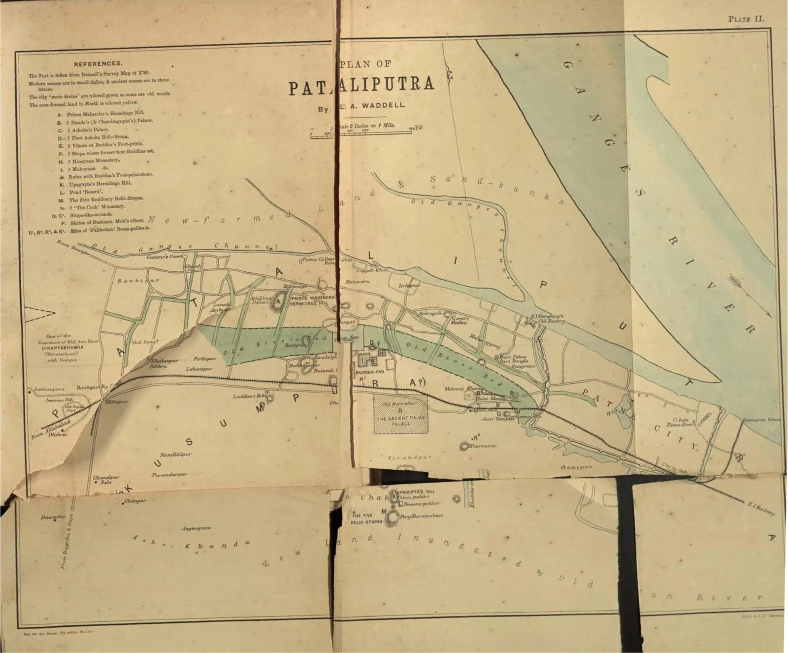 Historical plan/map of ancient Pataliputra by L. A. Waddell locating the Mauryan capital's monuments and Buddhist sites within the city.