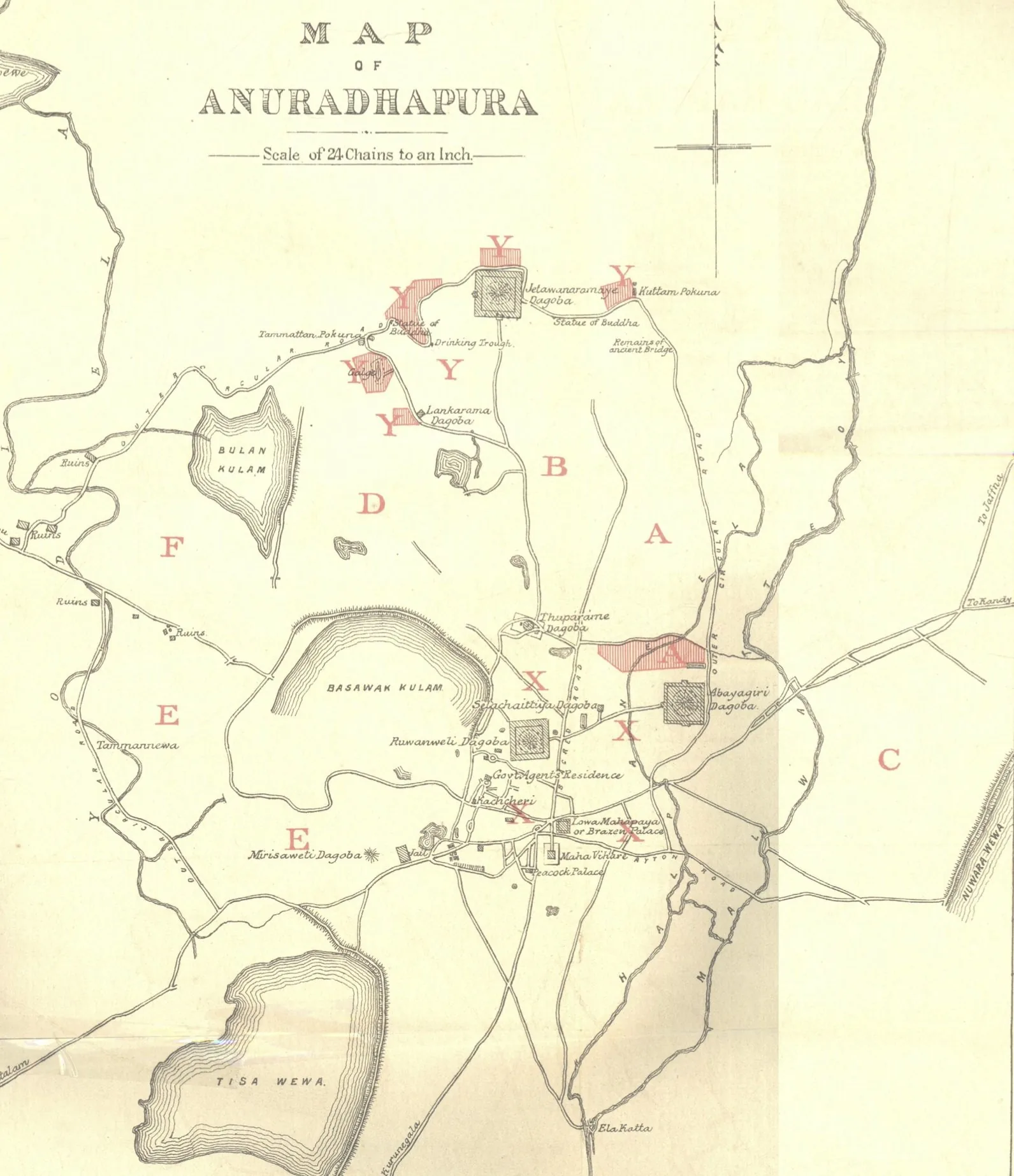 Archaeological survey plan of the ancient sacred city of Anuradhapura (1890) showing the layout of the great stupas, the Mahavihara, Abhayagiri and Jetavana monastic complexes, tanks (reservoirs) and 