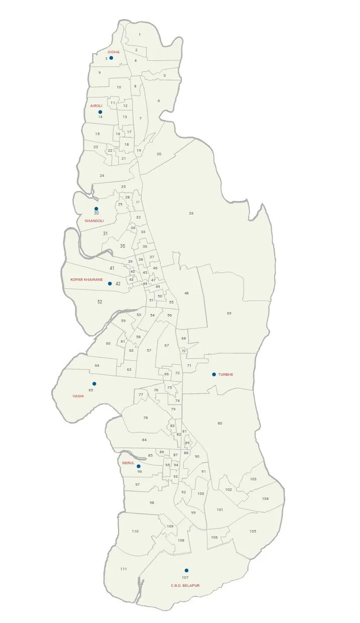 Map of the nodes/wards of Navi Mumbai, the planned twin city of Mumbai begun in 1967.
