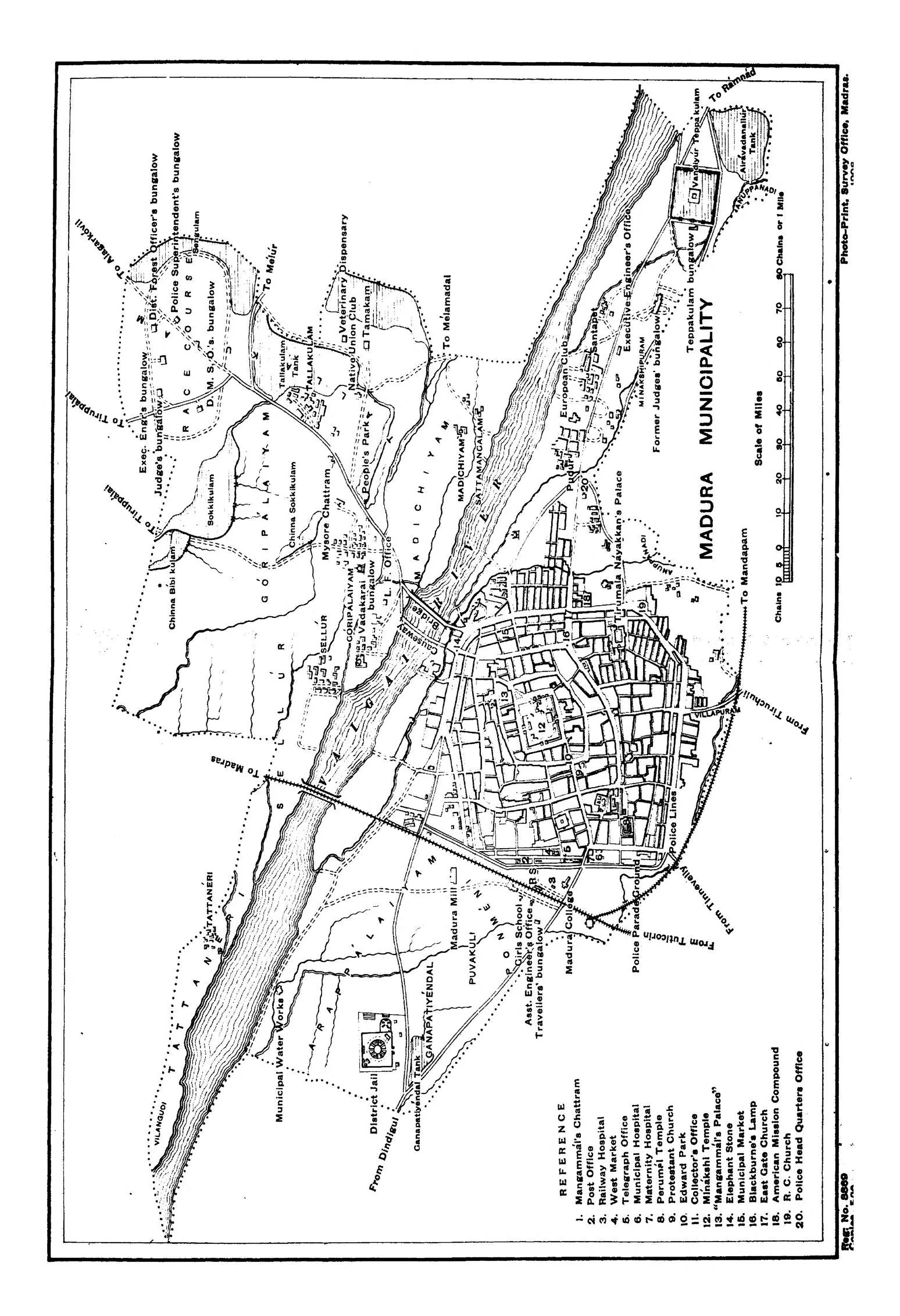 1906 survey map of Madurai showing the historic temple city with the Meenakshi temple at the core and the surrounding concentric quadrangular (mandala) street rings of the old town - a genuine histori