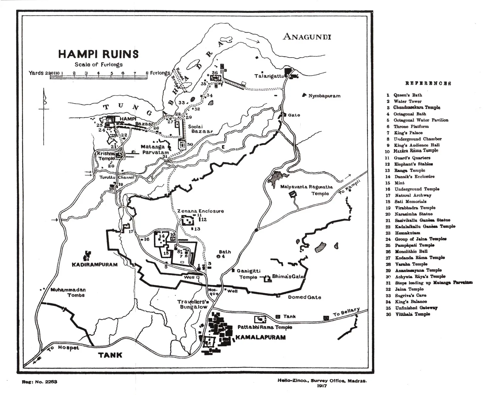 Measured archaeological site plan of the Vijayanagara (Hampi) ruins, mapping the sacred centre, royal centre, temple complexes and surrounding monuments across the metropolitan area.