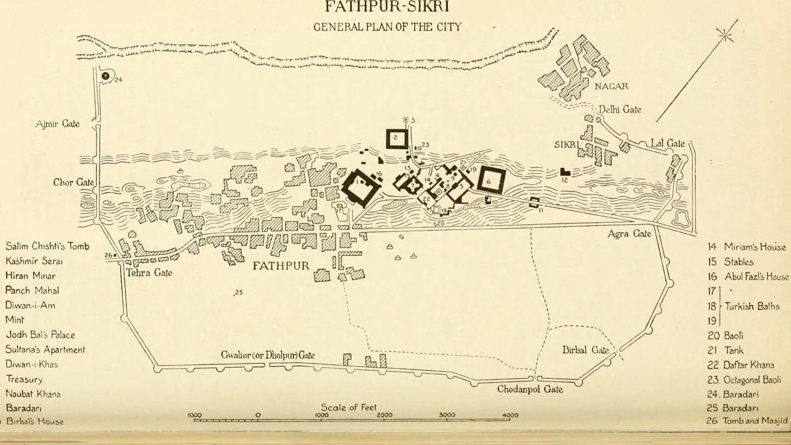 Measured general plan of Akbar's capital Fatehpur Sikri (1917) showing the palace-city layout along the ridge - the axial arrangement of the imperial palace, harem and religious precinct around Salim 