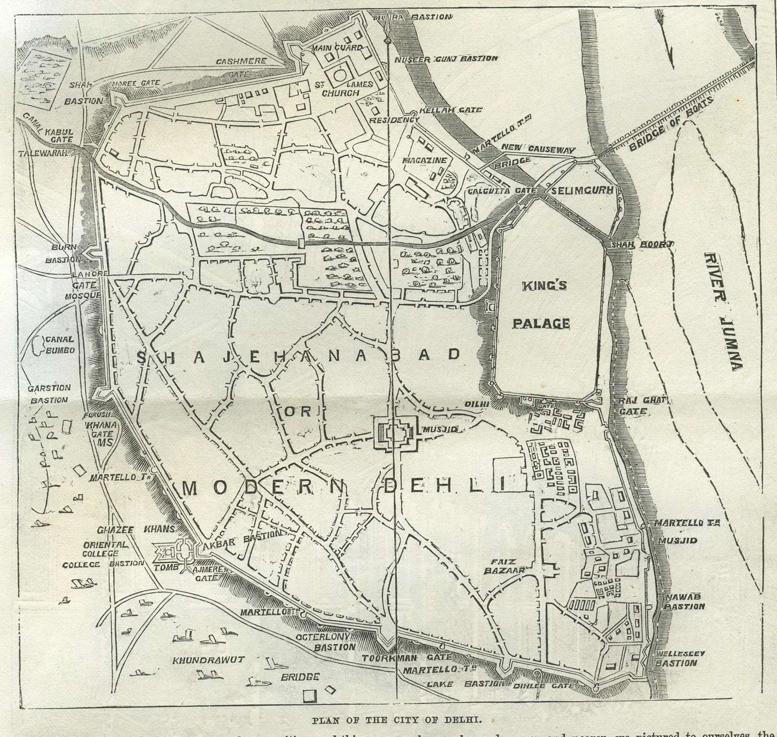 "Plan of the city of Delhi" published in the Illustrated London News, 1857 — a contemporaneous survey plan of the walled city of Shahjahanabad (Old Delhi) built 1639–1648 by Shah Jahan, showing the fo