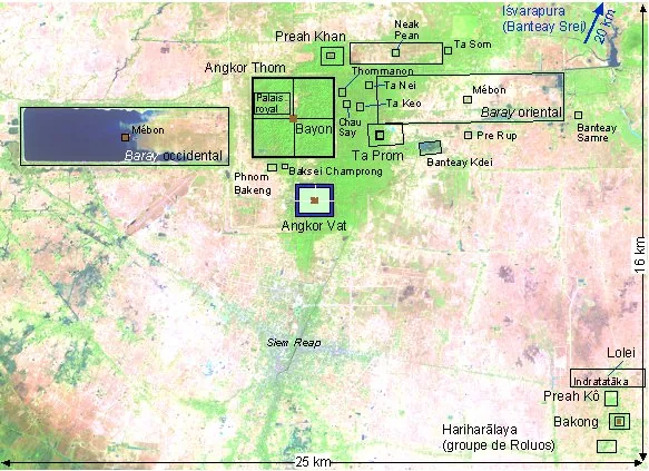 Layout plan of the Angkor complex showing the principal temples (Angkor Wat, Angkor Thom, the Bayon), the moats and the great barays (West and East reservoirs) of the Khmer capital.