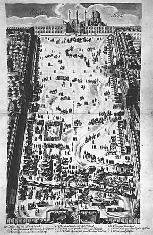1703 bird's-eye drawing of Safavid Isfahan centered on the Naqsh-e Jahan (Maidan-i Shah) square and Grand Bazaar, depicting the rectangular royal maydan and surrounding urban fabric laid out under Sha