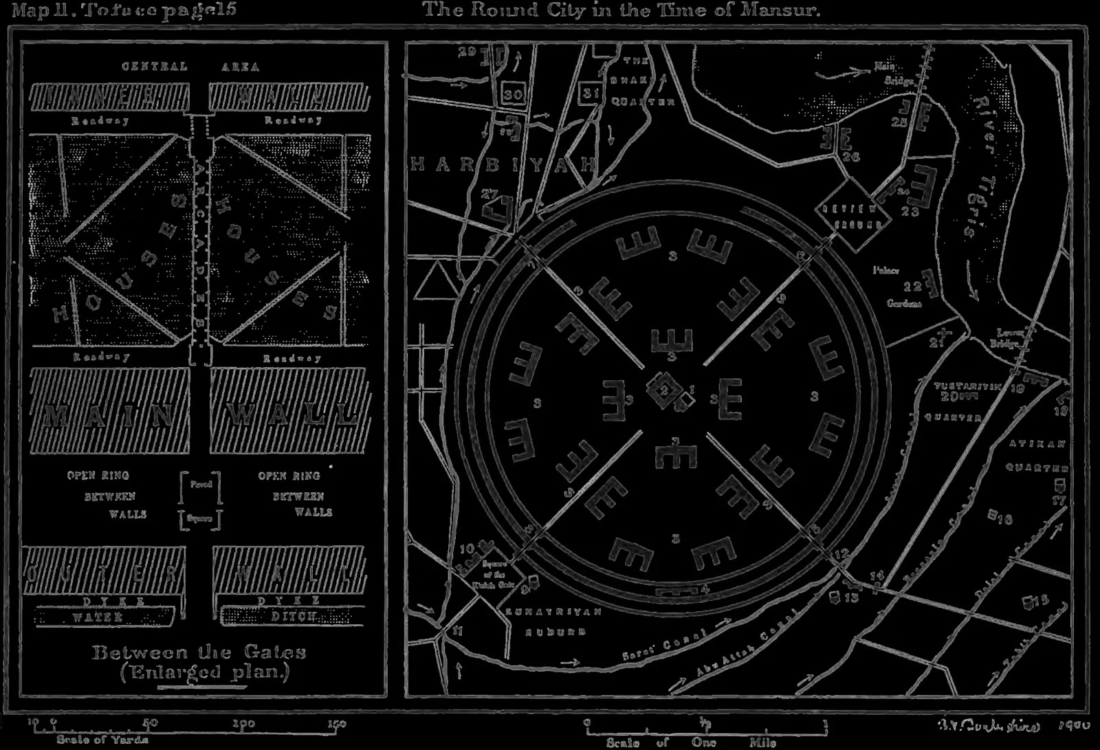 Schematic plan of al-Mansur's Round City of Baghdad (762) showing the concentric circular walls, the four axial gates (Basra, Kufa, Syria, Khurasan), and the central palace and mosque.